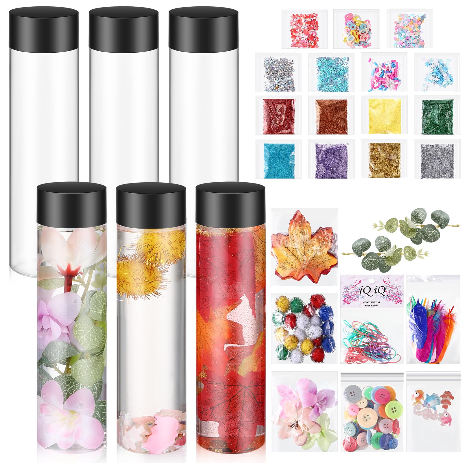 Arrowbash 6 Pcs Sensory Bottles Kits for Toddlers 1-3 Kids 400 ml Plastic Calming Bottles Empty with Lid Calm Down Jar Kit Filler Glitters Sequins