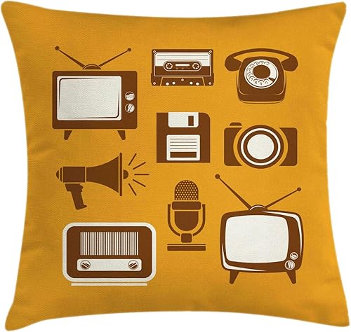 Ambesonne TV Show Throw Pillow Cushion Cover, Retro Electronic Media Megaphone Radio Telephone Cassette, Decorative Square Accent Pillow Case, 24" X