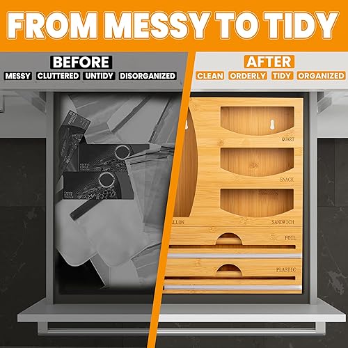 Miniatura 4 de T3-R Organizador de envoltura de bambú, dispensador 6 en 1 con cortador para bolsas de sándwich, papel de aluminio, papel encerado y envoltura de