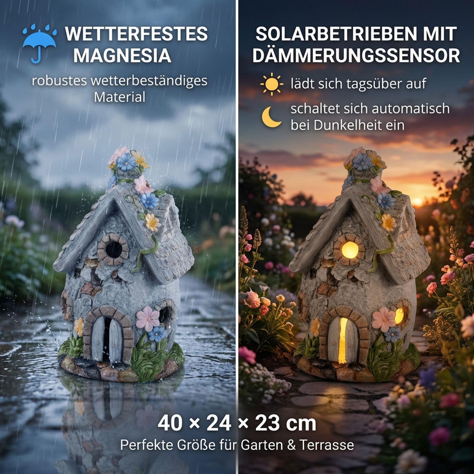 formano Farol solar para casa con luz solar y sensor crepuscular, 40 cm, pintado a mano, decoración de jardín de magnesia con relieve de flores, lámpara solar romántica para jardín, terraza y balcón