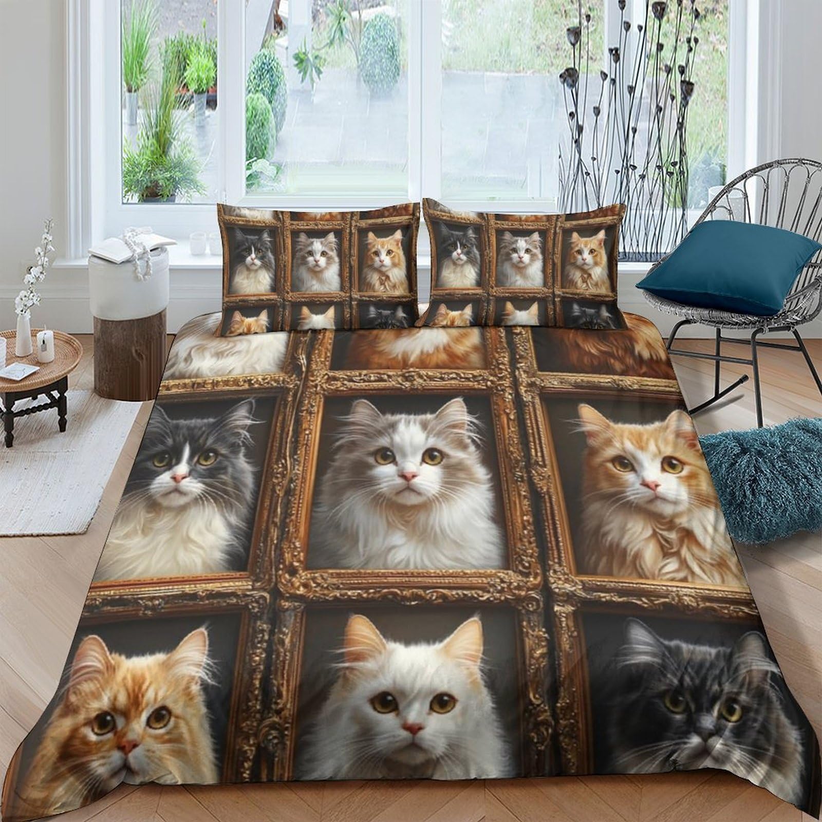 GPLZQXKJNH 3D Printed Cat Portrait Duvet Cover Microfiber Soft Breathable Kitten Frame Bedding Set with 2 Pillowcases for Bedroom Decor Single（135x200cm）