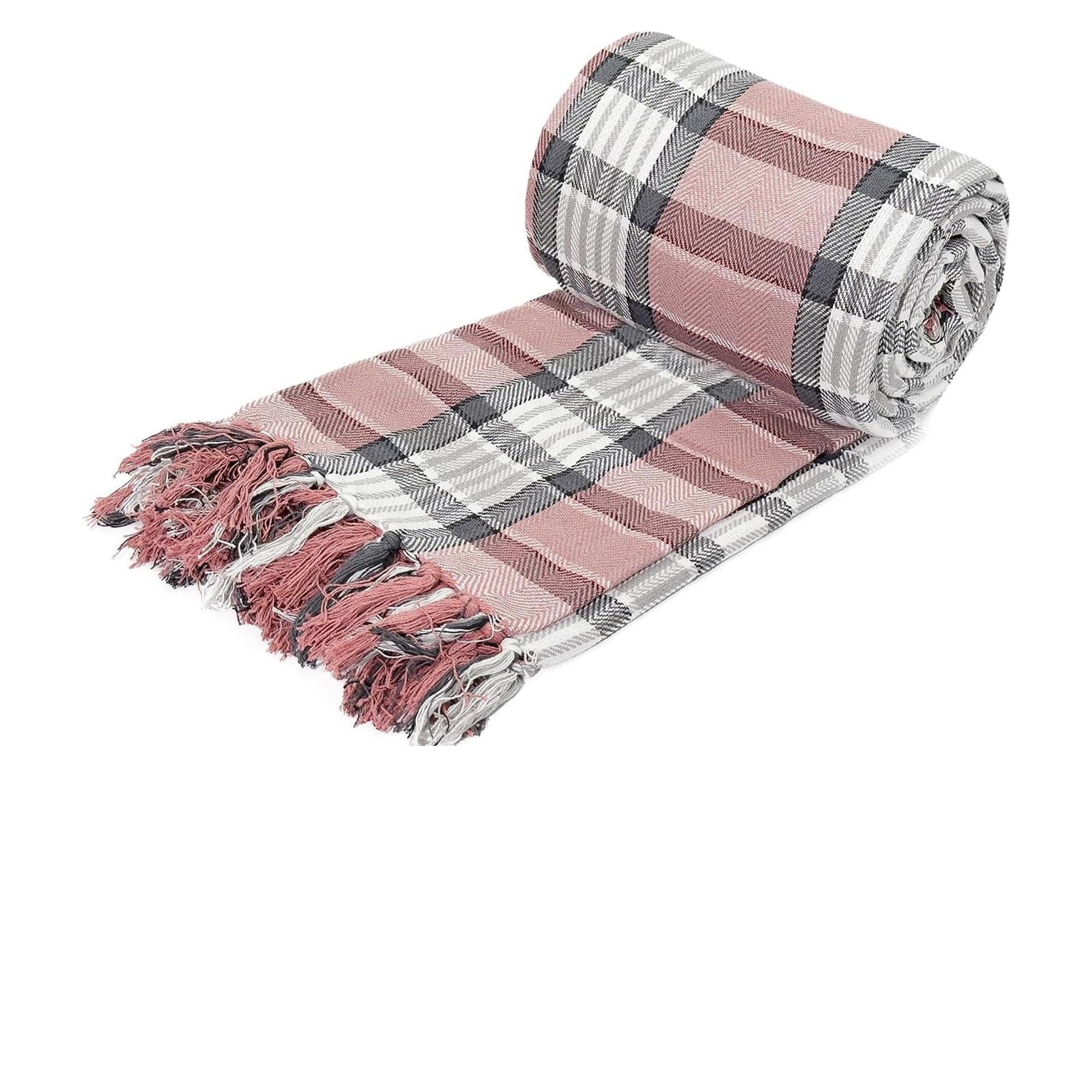 Velosso Recycled Cotton Throws for Sofas, Blush Pink & Grey Throw for Bed, Sofa Throws Large 3 Seater with Striped Check Pattern (229cm × 254 cm)