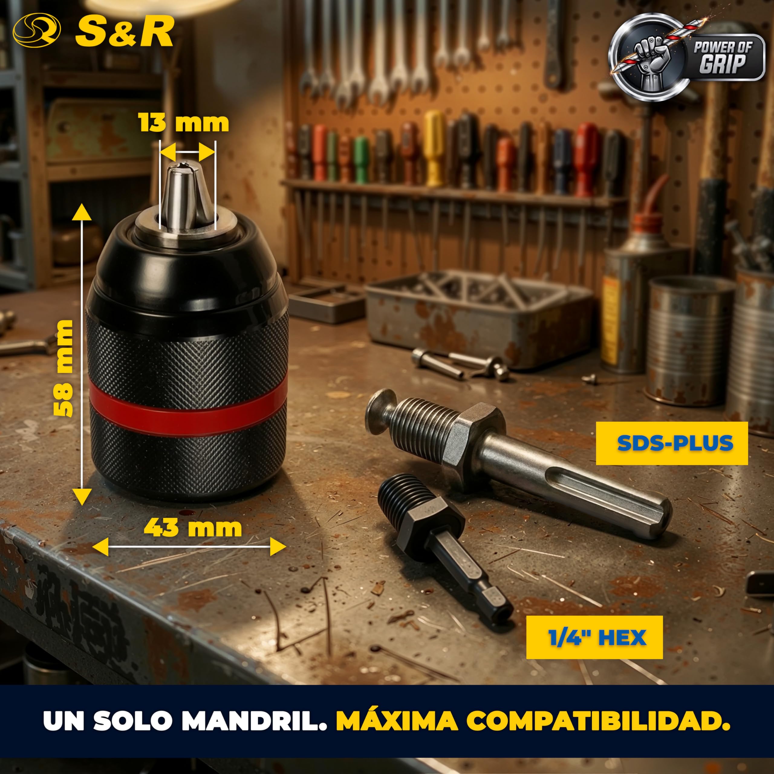 S&R Portabrocas Taladros sin llaves 1,5mm ½ - 20unf con Adaptador SDS PLUS + Adapator Hexagonal. Mandril Cabezal Taladro SDS PLUS a cierre rápido