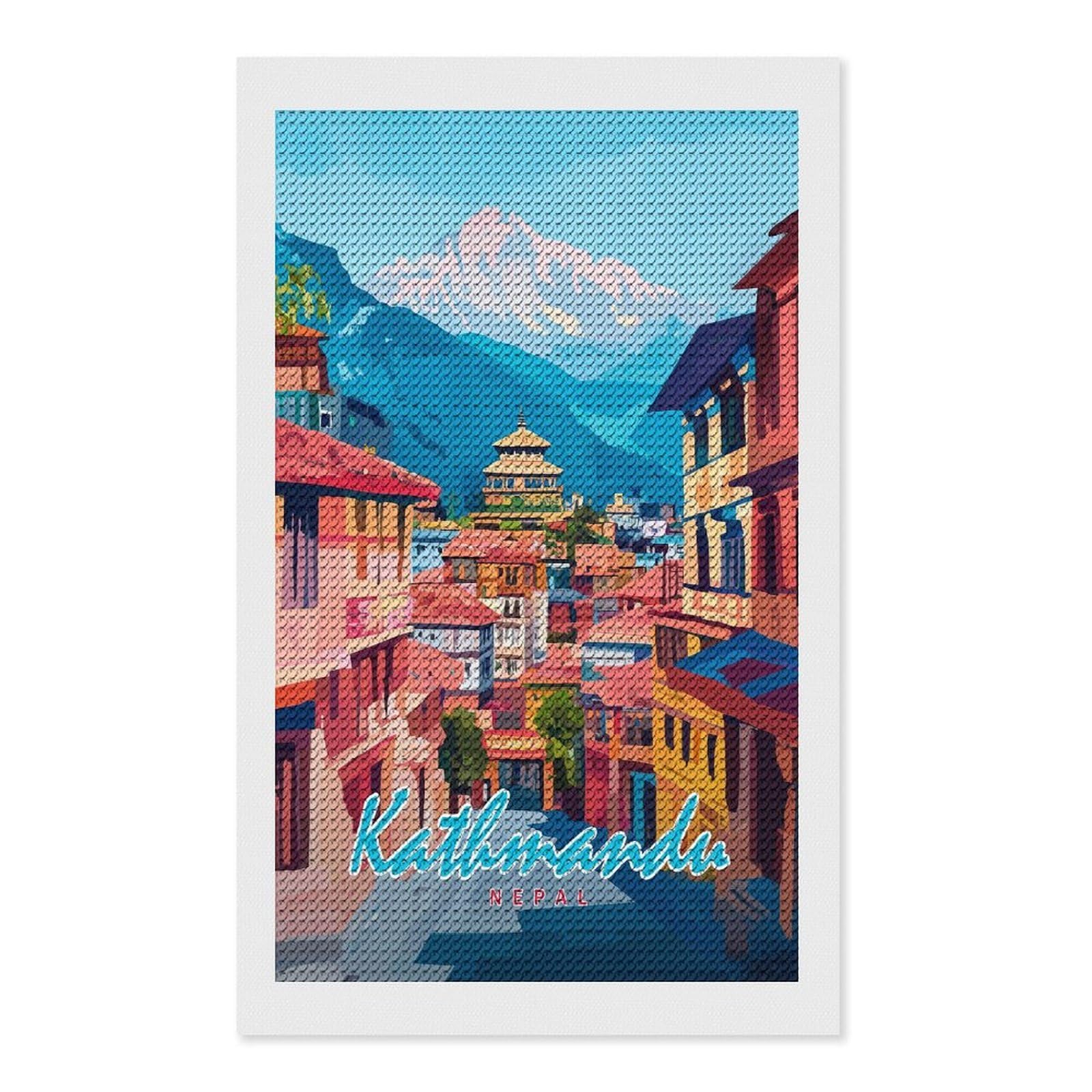Junmoney Kathmandu Cityscape DIY Diamond Art Canvas Kit 12"x20", Relaxing DIY, Sparkling Crystal Beads, Vintage Style Decor, Holiday Gift Idea
