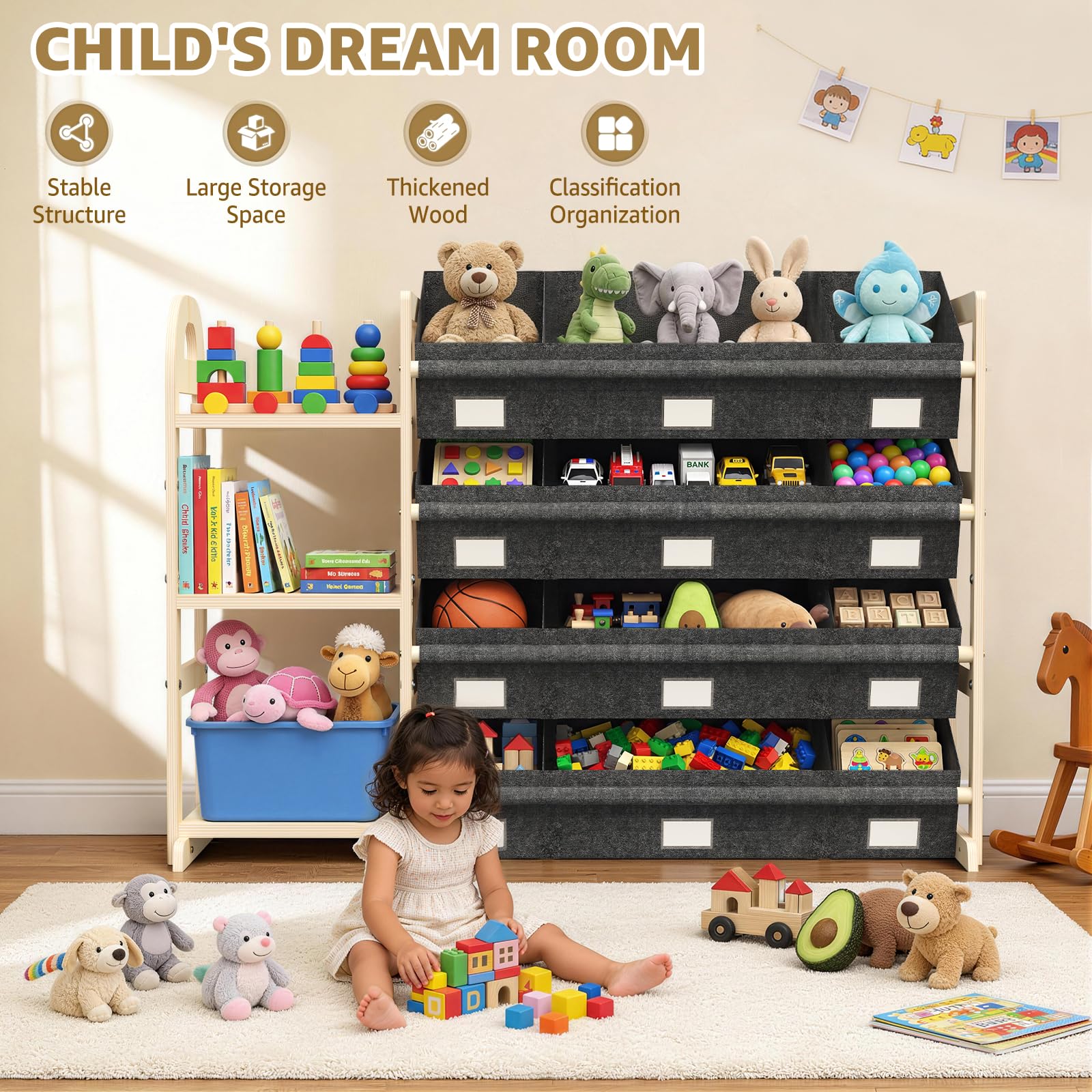 Spielzeug-Organizer mit 6 Ablagen und 12 Behältern, Bücherregal/Bücherregal, Kinder-Mülleimerregal, Spielzeugkiste für Spielzimmer, Organisation für Schlafzimmer und Zimmer