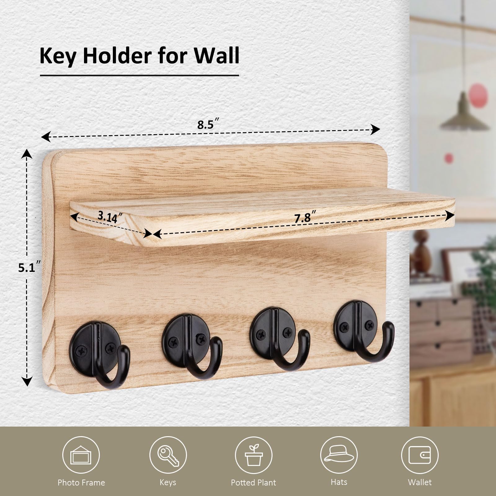 Nekon Key Holder Wall Mount, 8.5 Inch Small Home Decor Wooden Wall Organizer with 4 Hooks and Shelf - Image 3