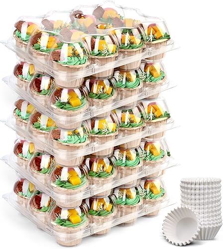 LotFancy (12 unidades x 5 juegos) recipientes para cupcakes con 60 forros, cajas apilables de plástico, soporte desechable para magdalenas con tapa