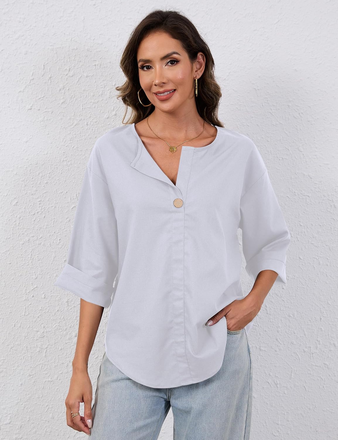 Summer Linen Shirts for Women Button Down V Neck 3/4 Sleeve T-Shirt Blouse Casual Loose Basic Solid Tunic Tops 2025 - Image 2