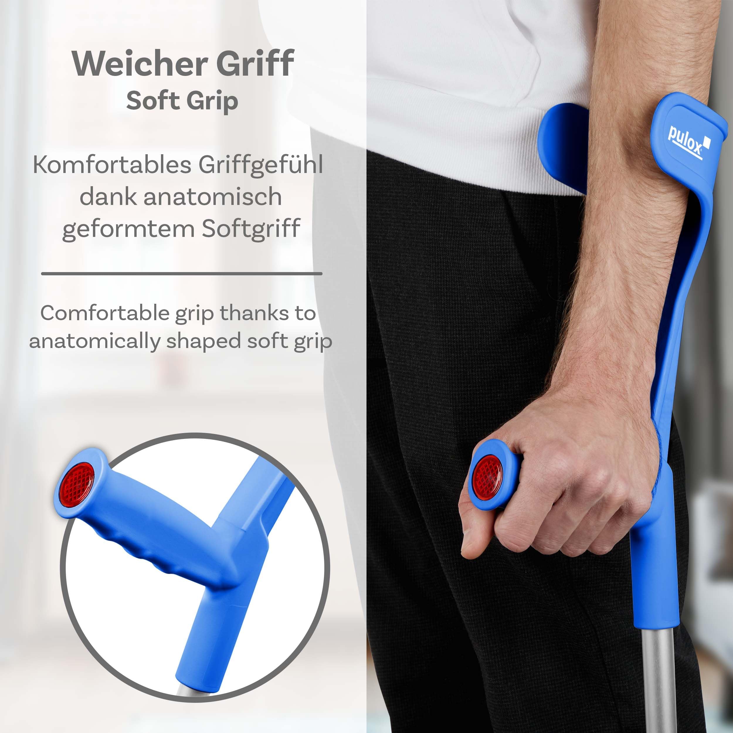 Pulox Unterarmgehstützen Blau 140 kg mit Ergo-Softgriff 1 Paar | Klassische Krücken von Ossenberg im Pulox-Design, Ergonomischer Softgriff für hohen Komfort und sicheren Halt