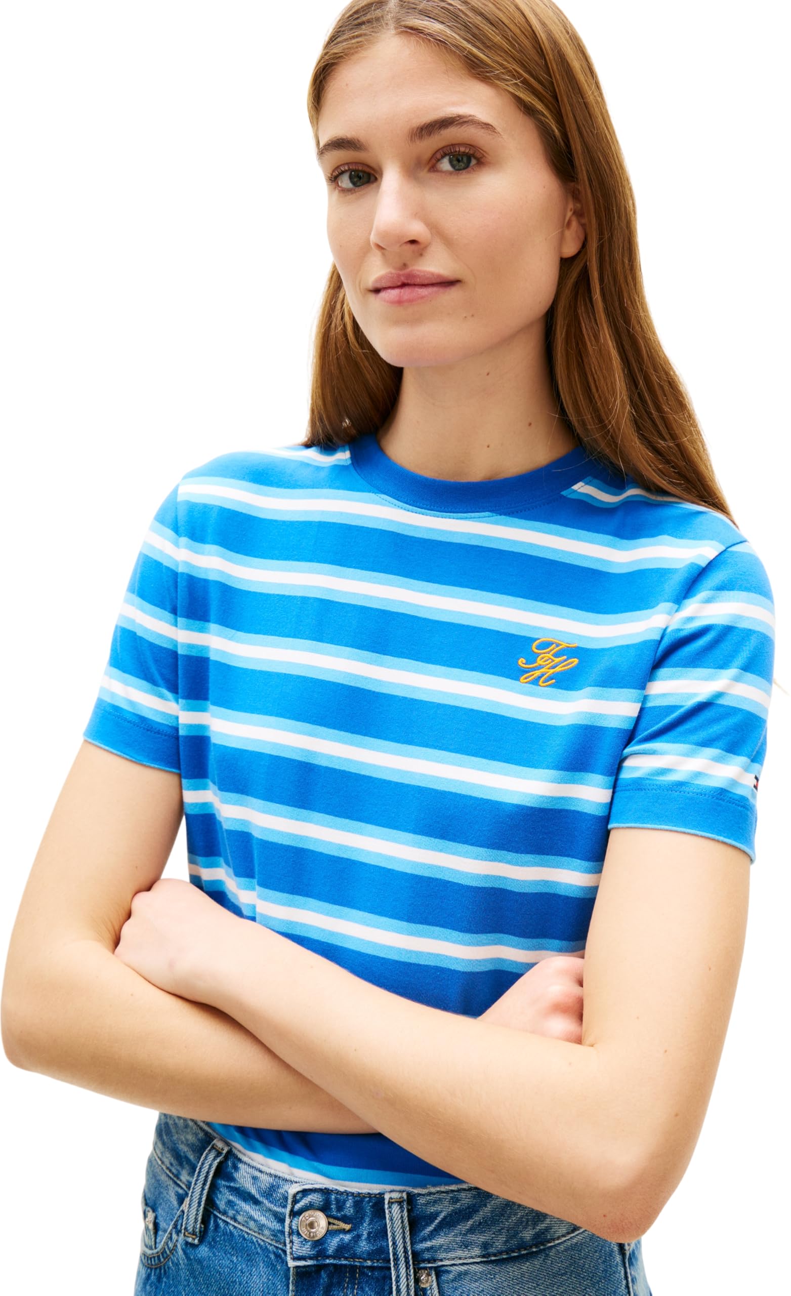 Tommy Hilfiger Damska koszulka Th Script Reg C-Nk Ss Ww0Ww47809, niebieska, XS