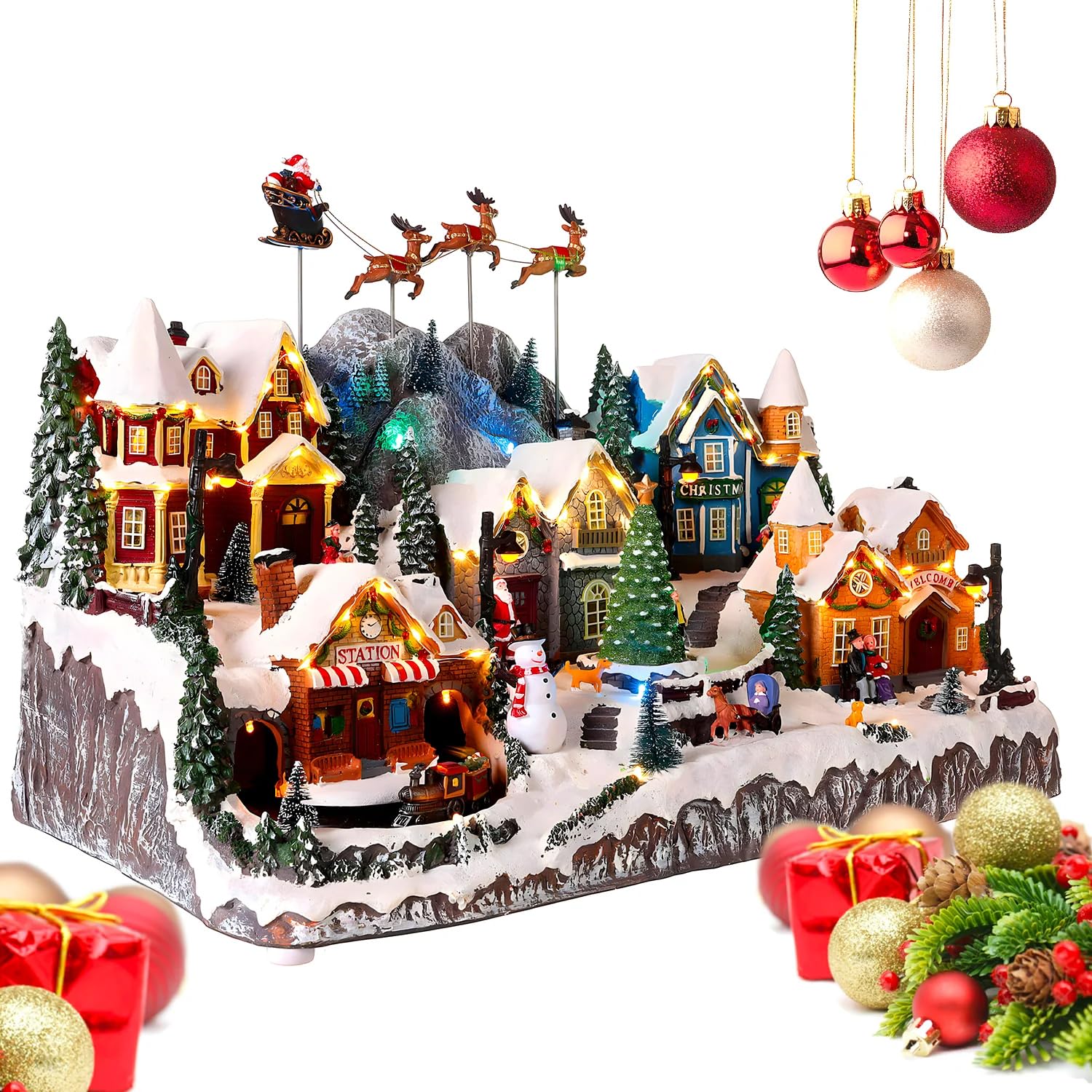 Casetta Natalizia Illuminata Con LED, Gelateria In Mongolfiera, Musicale, Villaggio Natale, Resina - 2
