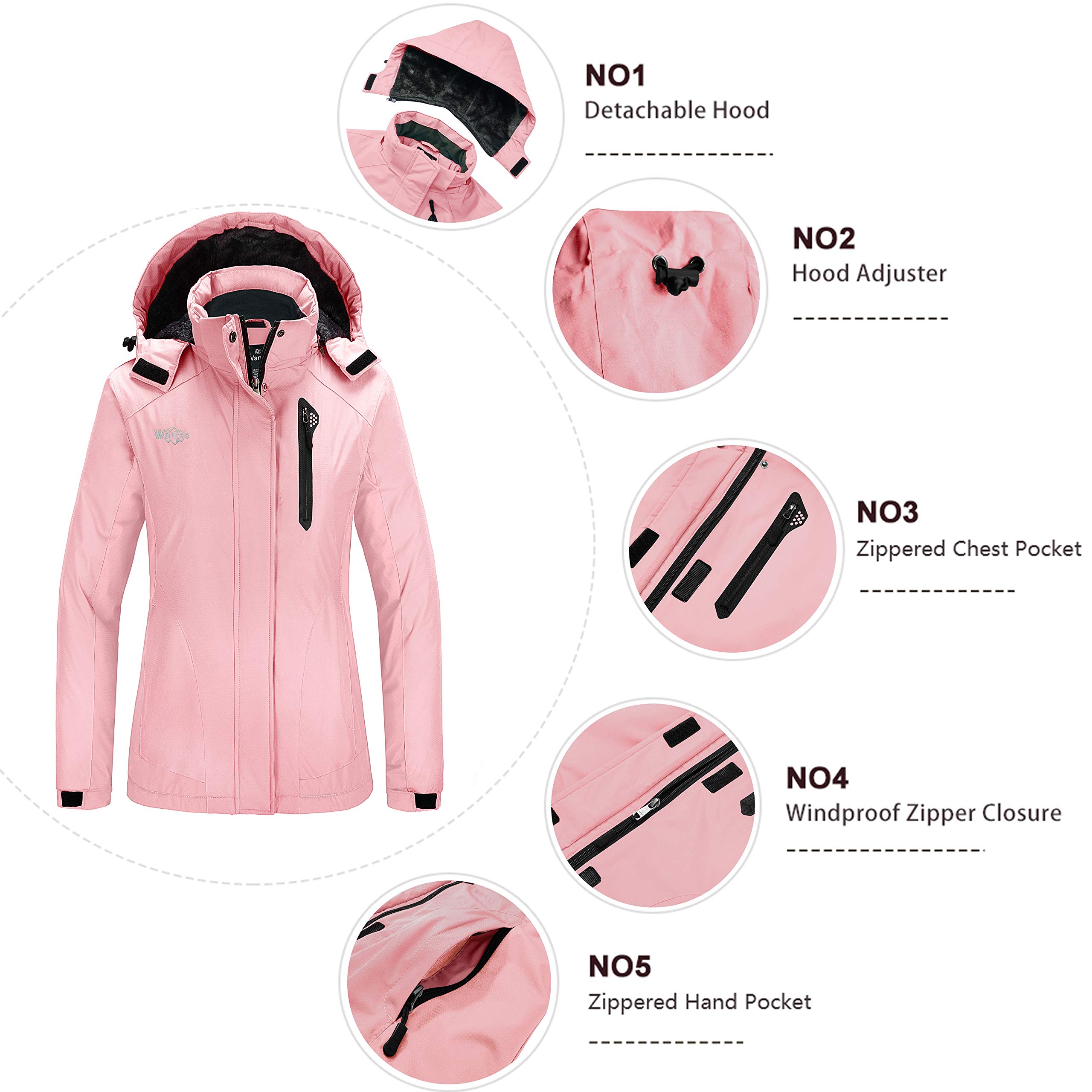 Wantdo Femme Veste de Montagne Outdoor coupe-vent avec Capuche Extérieur Manteau d'hiver Chaud Amovible Veste Imperméable Veste Randonnée pour Voyage