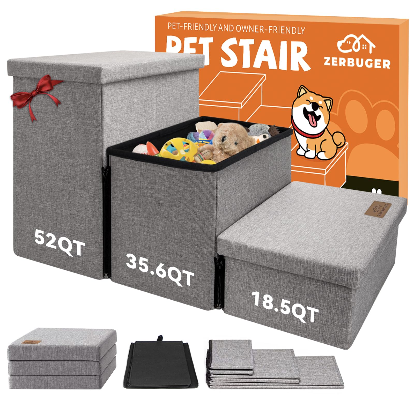 Wider Dog Stairs with Storage 18" H, 3-Step Sturdy Dog Steps for Large/Medium/Small Older Senior Dogs Cats, Folding Pet Stairs Climbing Bed or Couch, Arthritis-Friendly (Gray, No Condo)