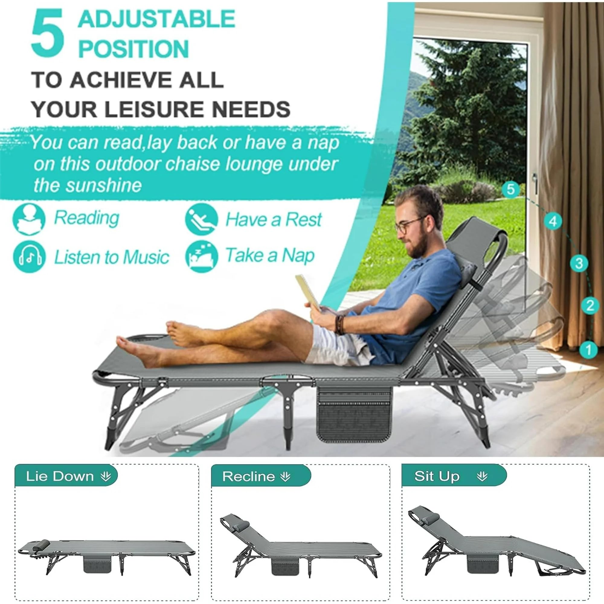 Folding Lounger, 200KG Belastbarkeit Klappbett Gästebett mit Matratze | mit Seitentaschen Kopfstütze, verstellbare Rückenlehne, Keine Montage erforderlich, geeignet für Garten, Sonnenbaden, Büro
