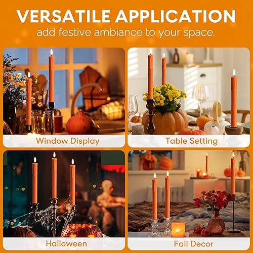 Miniatura 6 de Eywamage Velas cónicas sin llama de cera naranja con control remoto, candelabros de cera LED parpadeantes, decoración de otoño de Halloween, juego