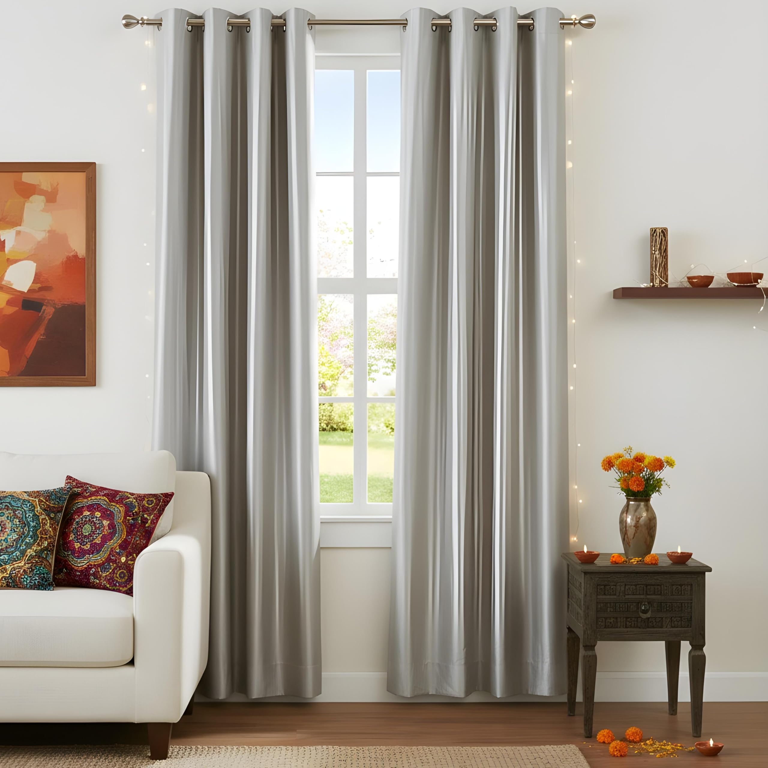 Grey Polyester Window Curtains 6 Feet | Darkening Faux Texture Plain Drapes with Eyelets | Set of 2 Panels for Living Room, Bedroom & Office