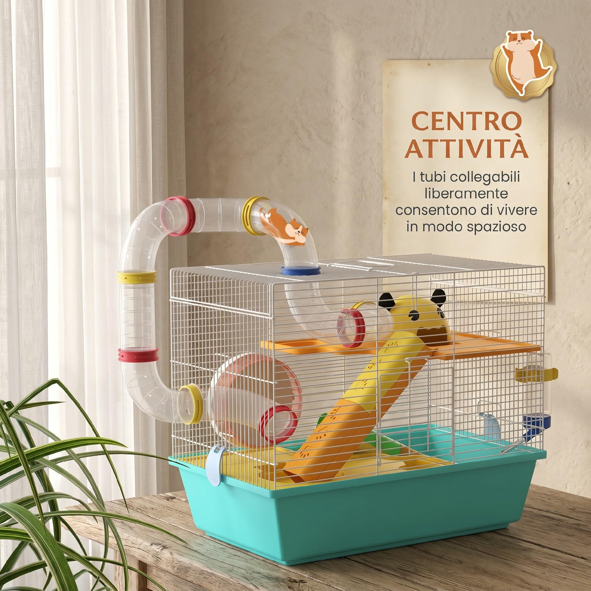 PawHut Gabbia per Criceti con Ruota, Casetta, Ciotola, Rampe e Serbatoio dell'Acqua, Gabbia per Gerbilli in Acciaio, PS e PP, 45x28x37 cm, Bianco e Azzurro