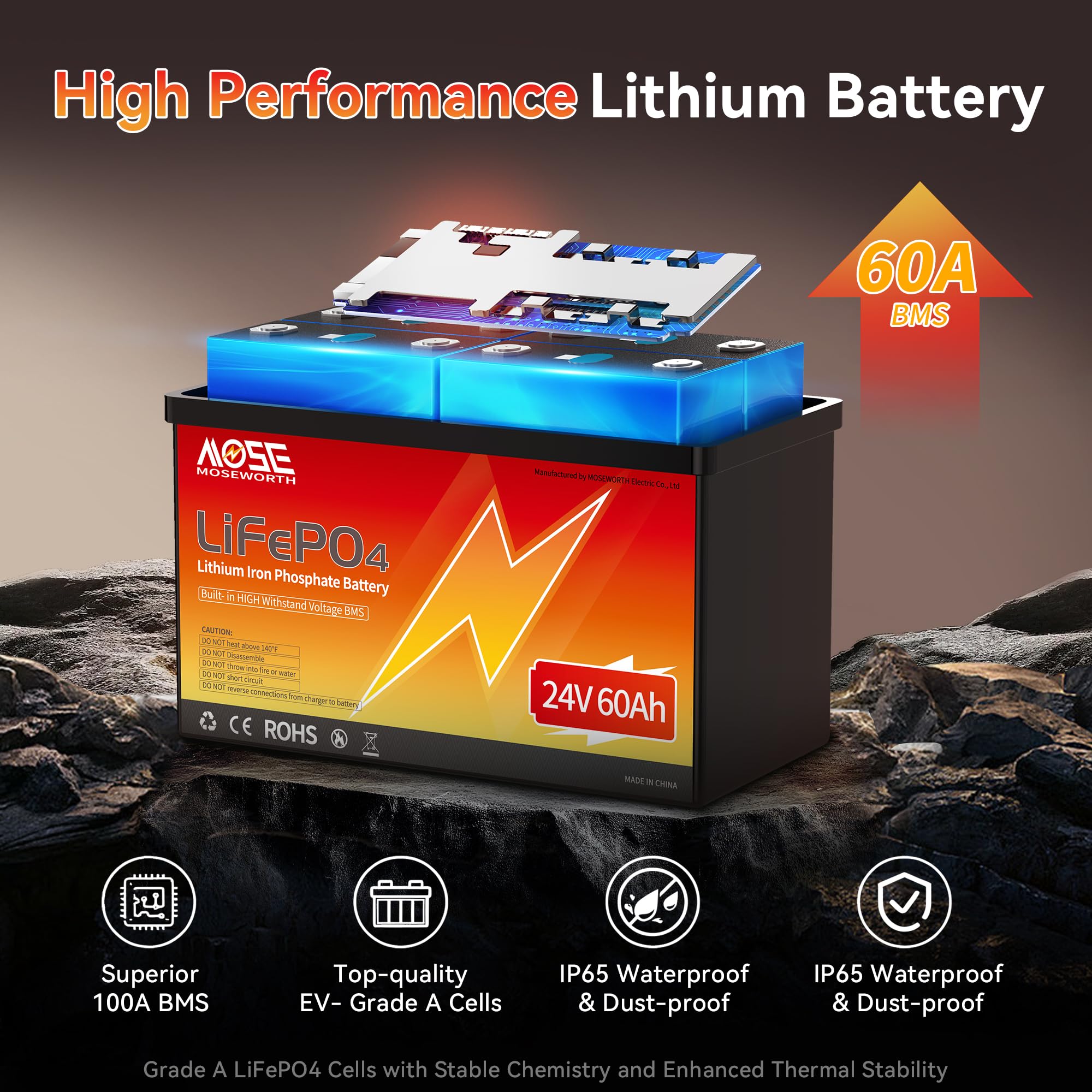 Batteria al litio LiFePO4 da 24 V, 60 Ah, protezione a bassa temperatura, oltre 5000 cicli, gruppo 24 celle di grado A, batteria ricaricabile per motori da traina, camper, barca/marine, solare