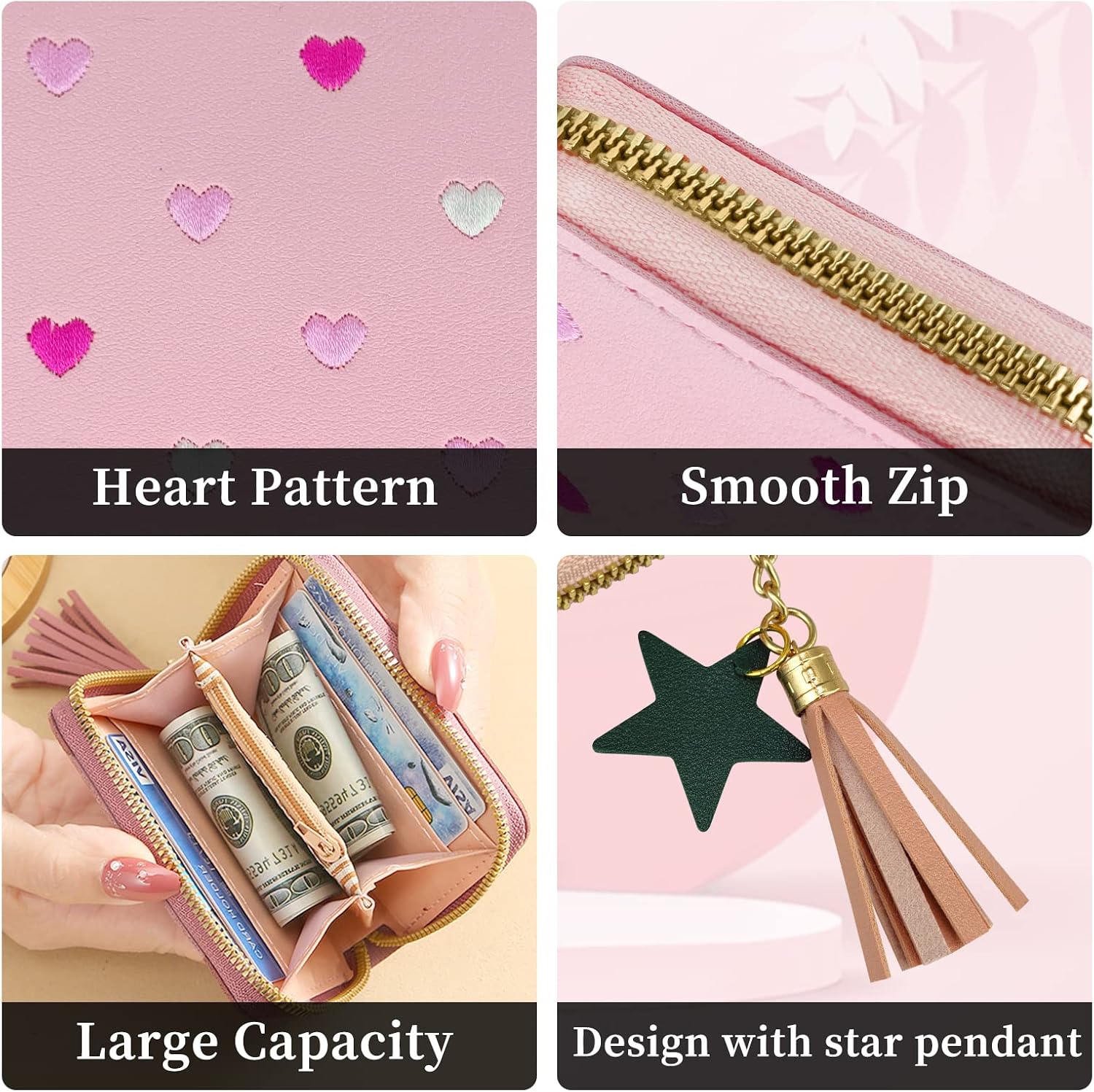 Womens Wallet with Zipper, PU Leather Women's Wallet with Card Slots, Credit Card Holder Small Wallet with Heart-embroidery Cute Wallet with Star Tassels Pendant