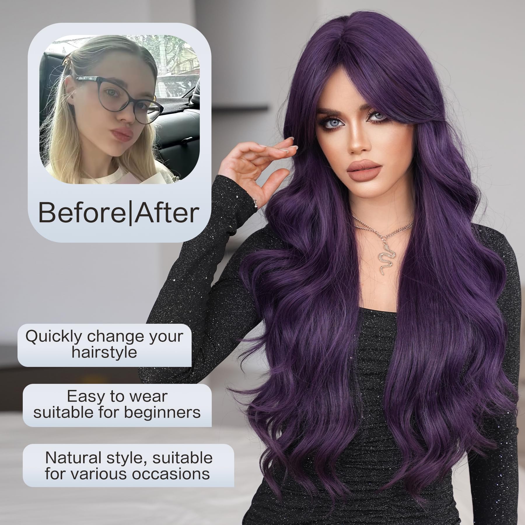✨NWT Purple Wig With Bangs Long Wavy Synthetic Heat Resistant 26” Amazon.com : Purple Wig Long Wavy Wigs for Women 26 Inch  main image 3