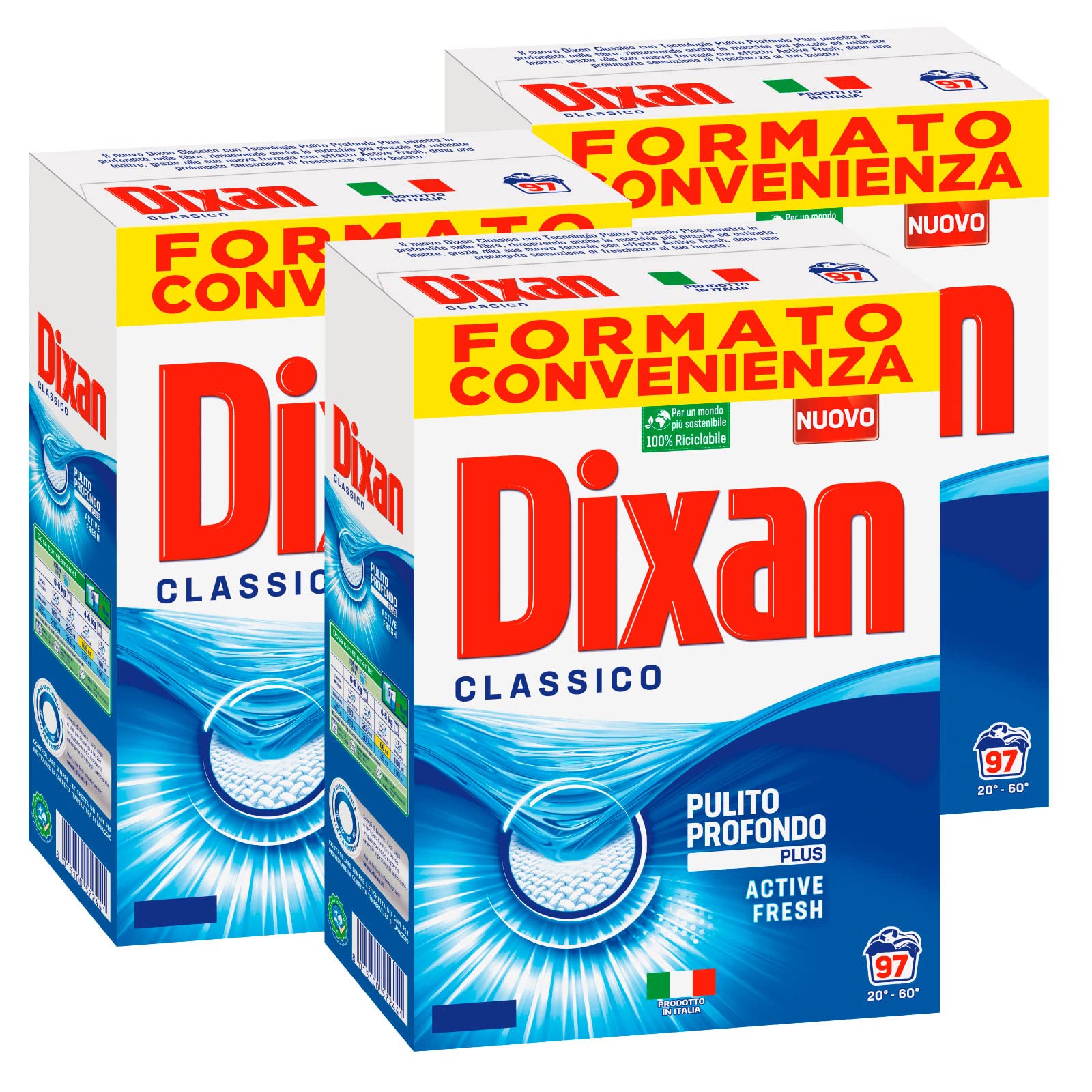 3x Dixan Classico Pulito Profondo Plus Active Fresh Detersivo in Polvere Smacchiante per Lavatrice Formato 5,82kg - 291 Lavaggi