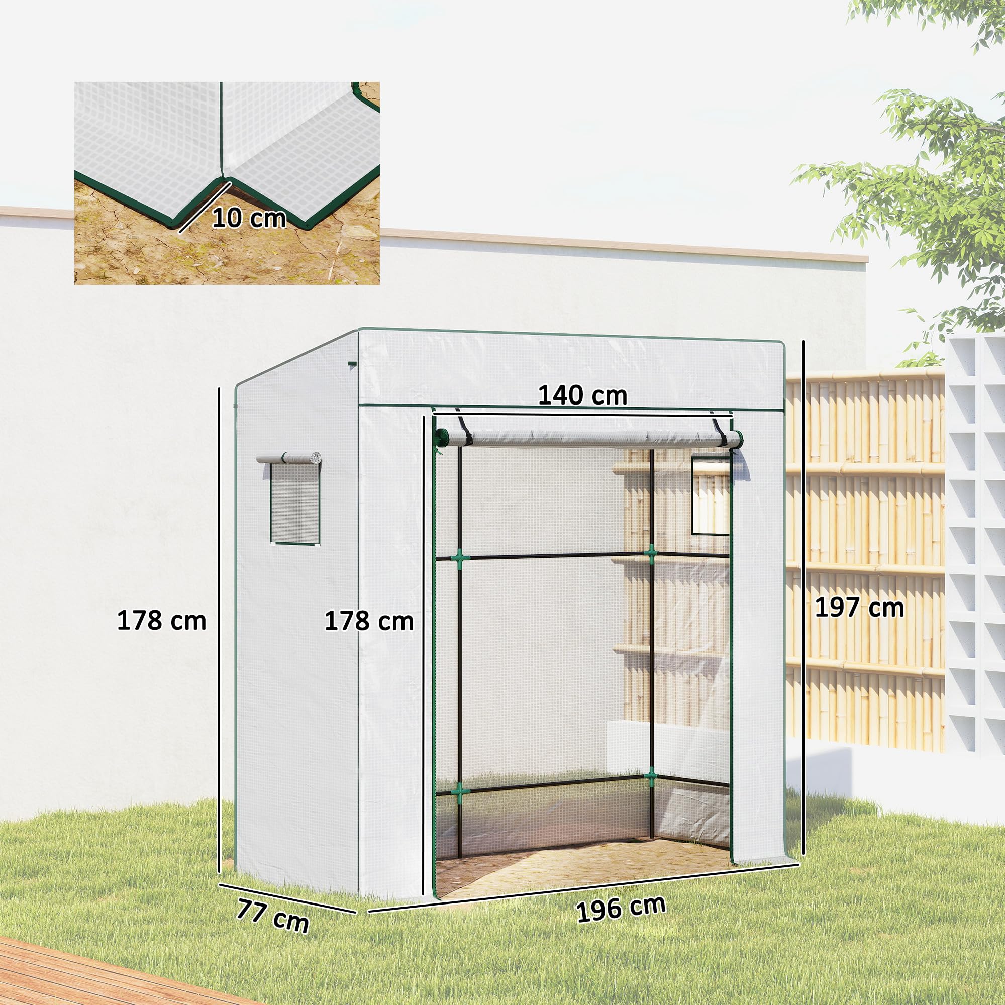 Outsunny Serre de Jardin PE, Serre de Balcon, bâche renforcée 140 g/m², châssis en Acier, Porte zippée Enroulable, 2 fenêtres, pour légumes Plantes Fleurs, intérieur et extérieur, 196x77x197cm, Blanc