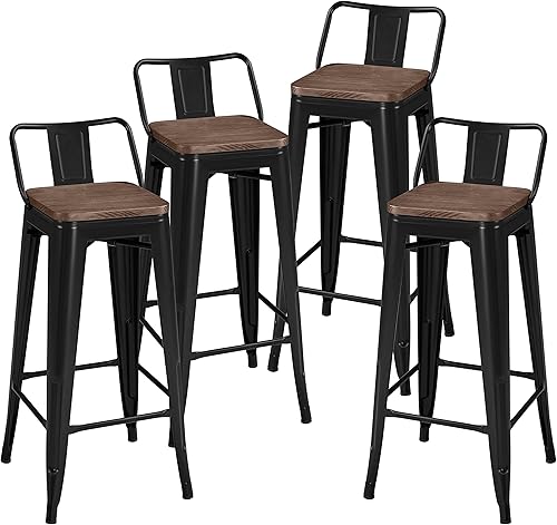 Topeakmart Taburetes de bar de metal de 30 pulgadas, 4 piezas, con asiento de madera, taburetes de metal con respaldo bajo, sillas industriales para