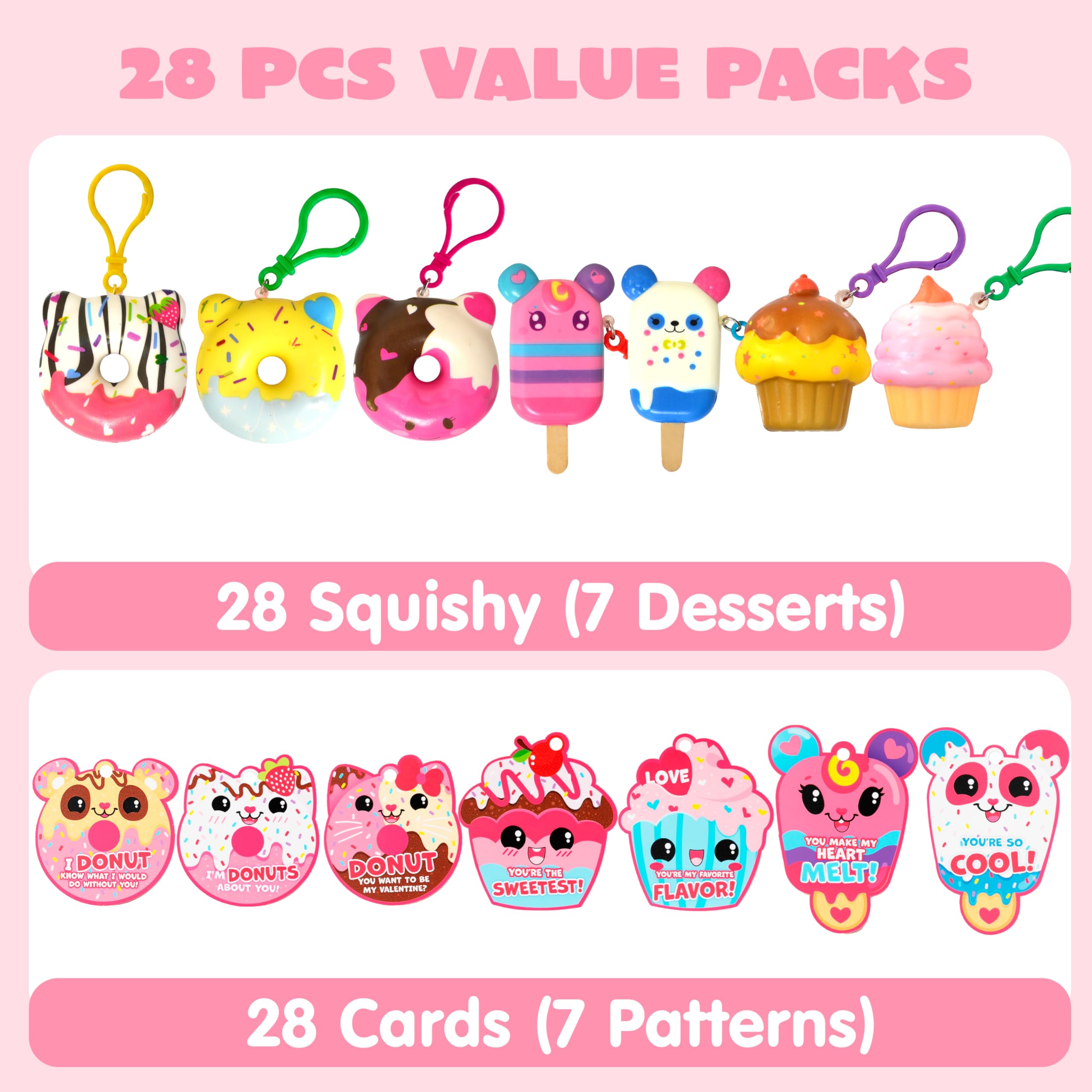 JOYIN 28 Packs Valentine Dessert squishy toys Stress Relief Keychains with Cards for Classroom Exchange Prizes, Fidget Toy Valentine’s Greeting Cards, Valentine Party Favors, Exchange Gifts