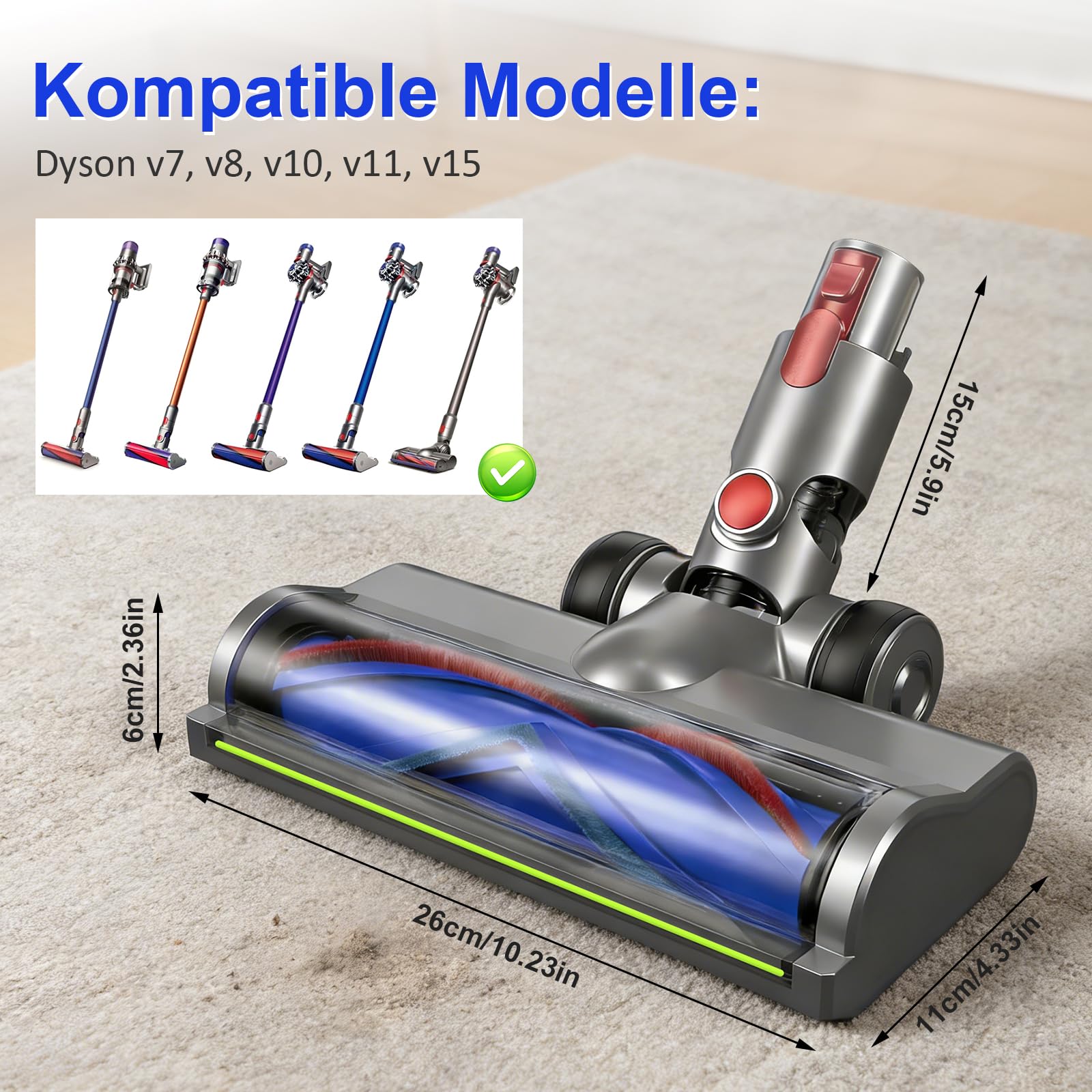 Bürste Kompatibel für Dyson V7 V8 V10 V11 V15 Staubsaugern Ersatzteil Bodenbürste, Direktantrieb Reiniger Kopf mit Staubdetektionsfunktion, Austauschbarer Bürstenkopf für Parkett/Hartböden/Teppiche