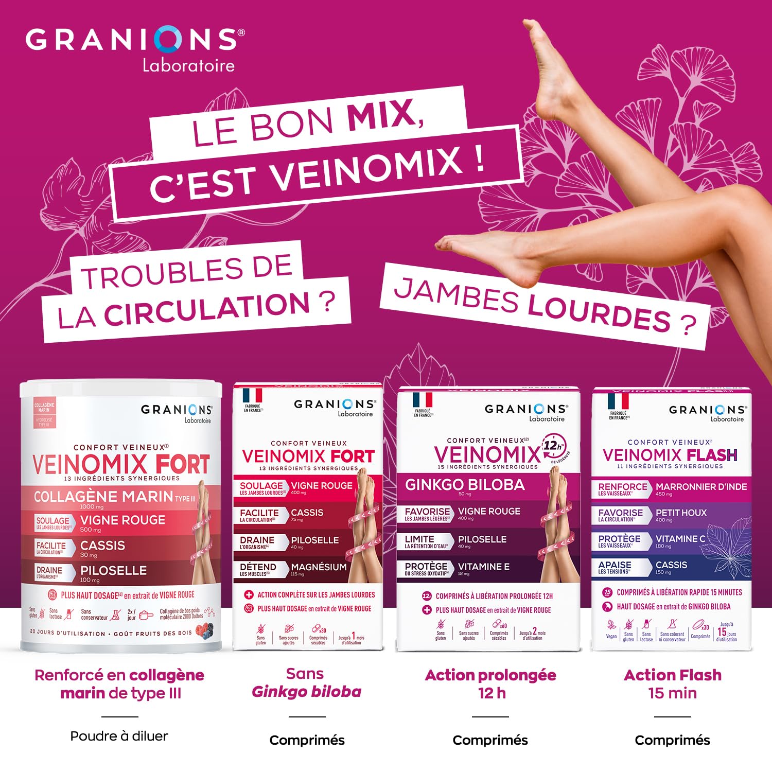 GRANIONS – VEINOMIX FORT – Circulation Sanguine Jambes & Retention D'eau Drainant Puissant – Vigne Rouge Circulation + Cassis + Piloselle + Magnésium – Jambes Lourdes – 90Comprimés – Cure 3Mois