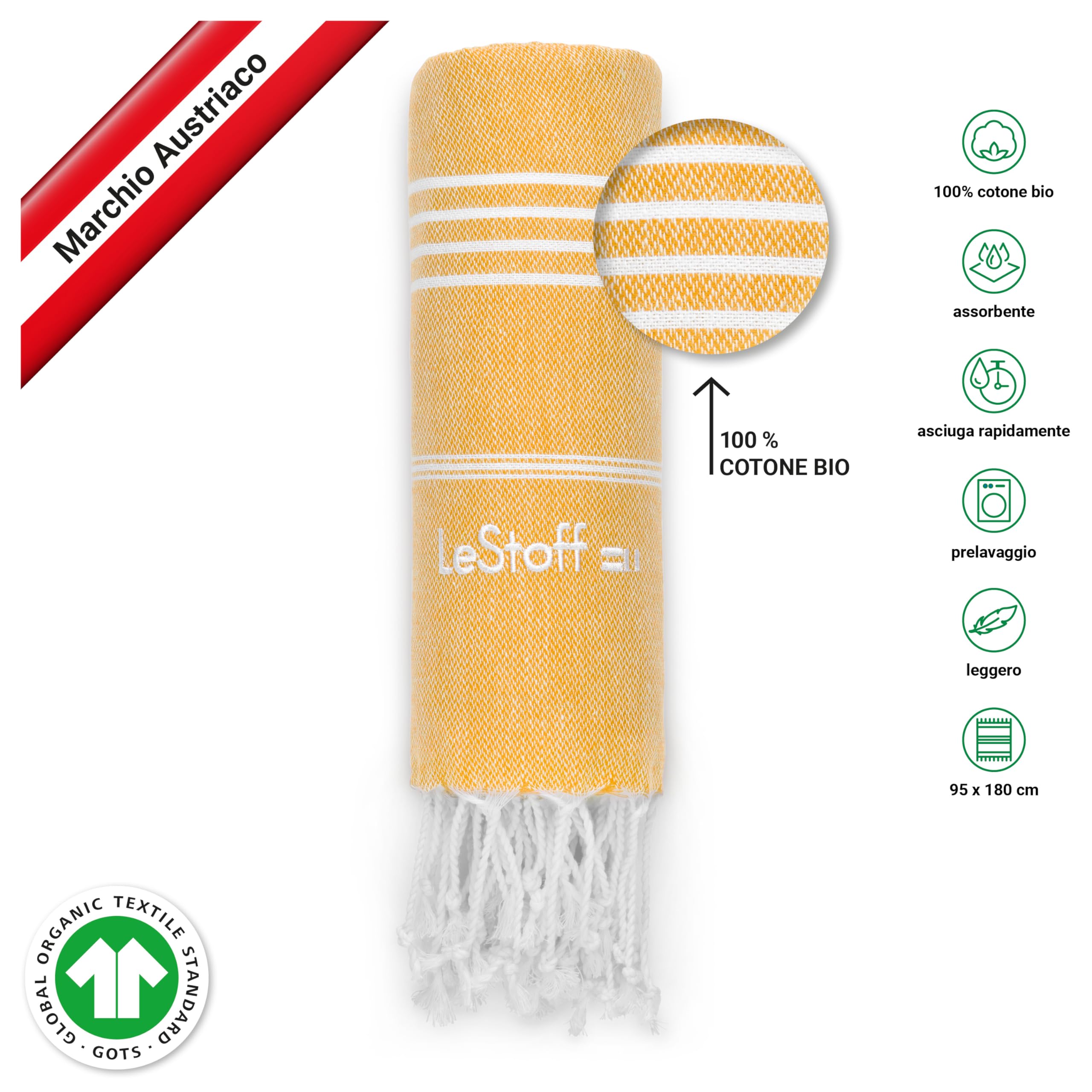 LeStoff Telo mare (Set di 2) - 100% Cotone bio, 95 x 180 cm, Prelavato, Assorbente, Asciugatura Rapida, Leggero, Fouta, Telo Spiaggia, Telo Bagno, Telo Sauna, Asciugamano Sportivo (Turquoise - Yellow)