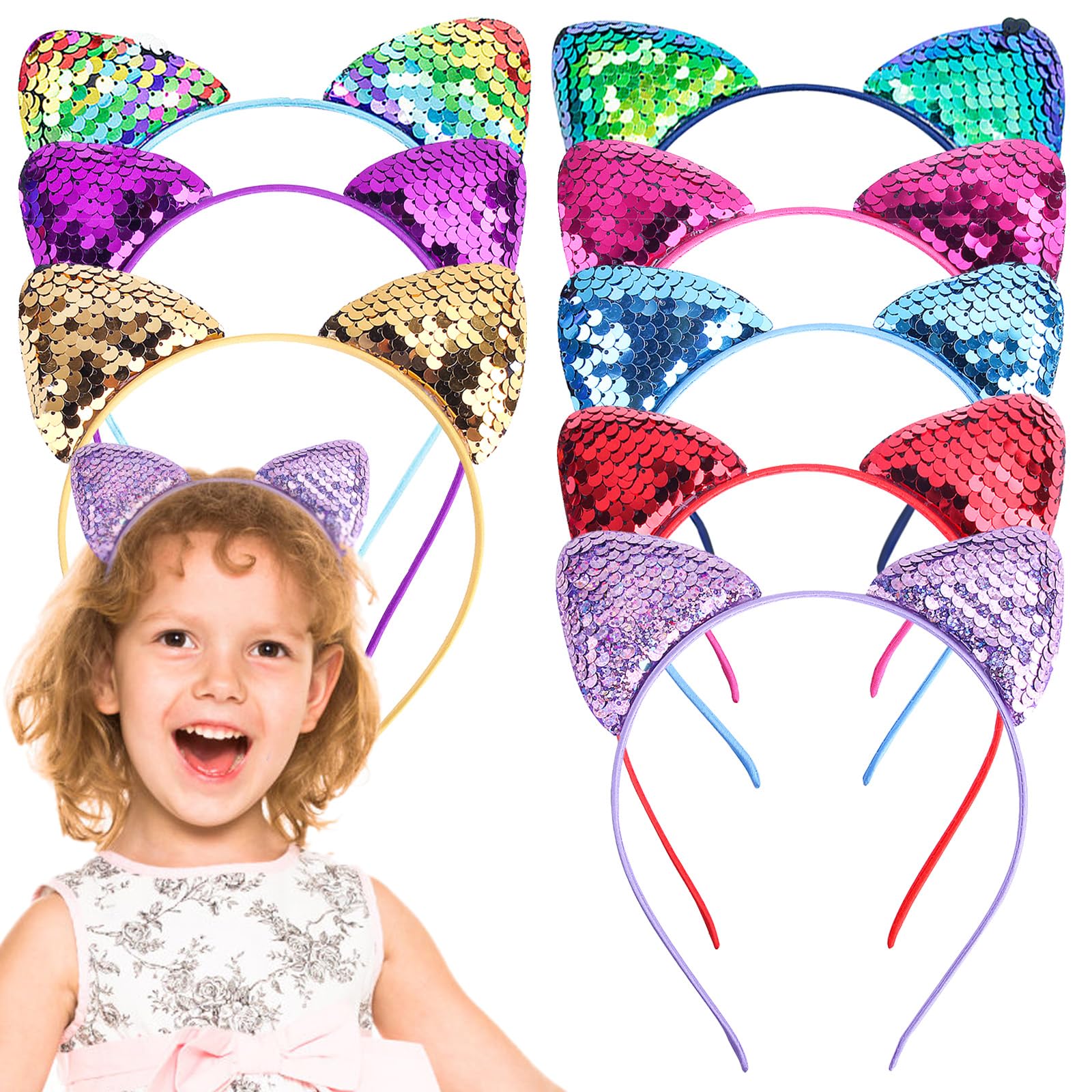 INHEMING 8pcs Diademas Gato Niña ,Diadema Orejas de Gato con Lentejuelas,Diademas con Orejas de Gato,Diadema de Lentejuelas para Mujeres Niñas