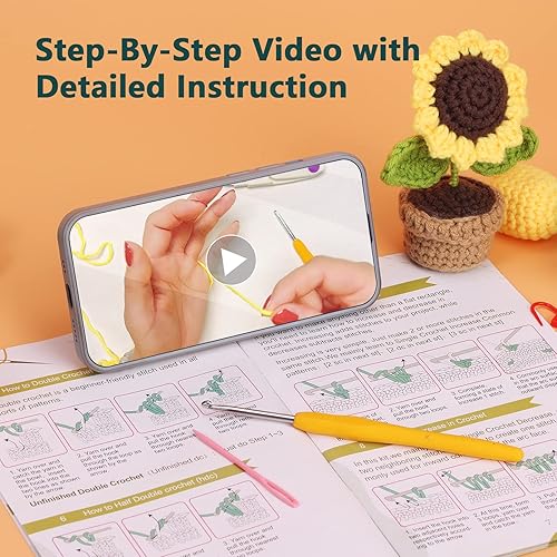 Miniatura 4 de PP OPOUNT Kit de ganchillo para principiantes, 3 plantas en maceta, paquete completo de inicio para adultos y niños con instrucciones paso a paso y