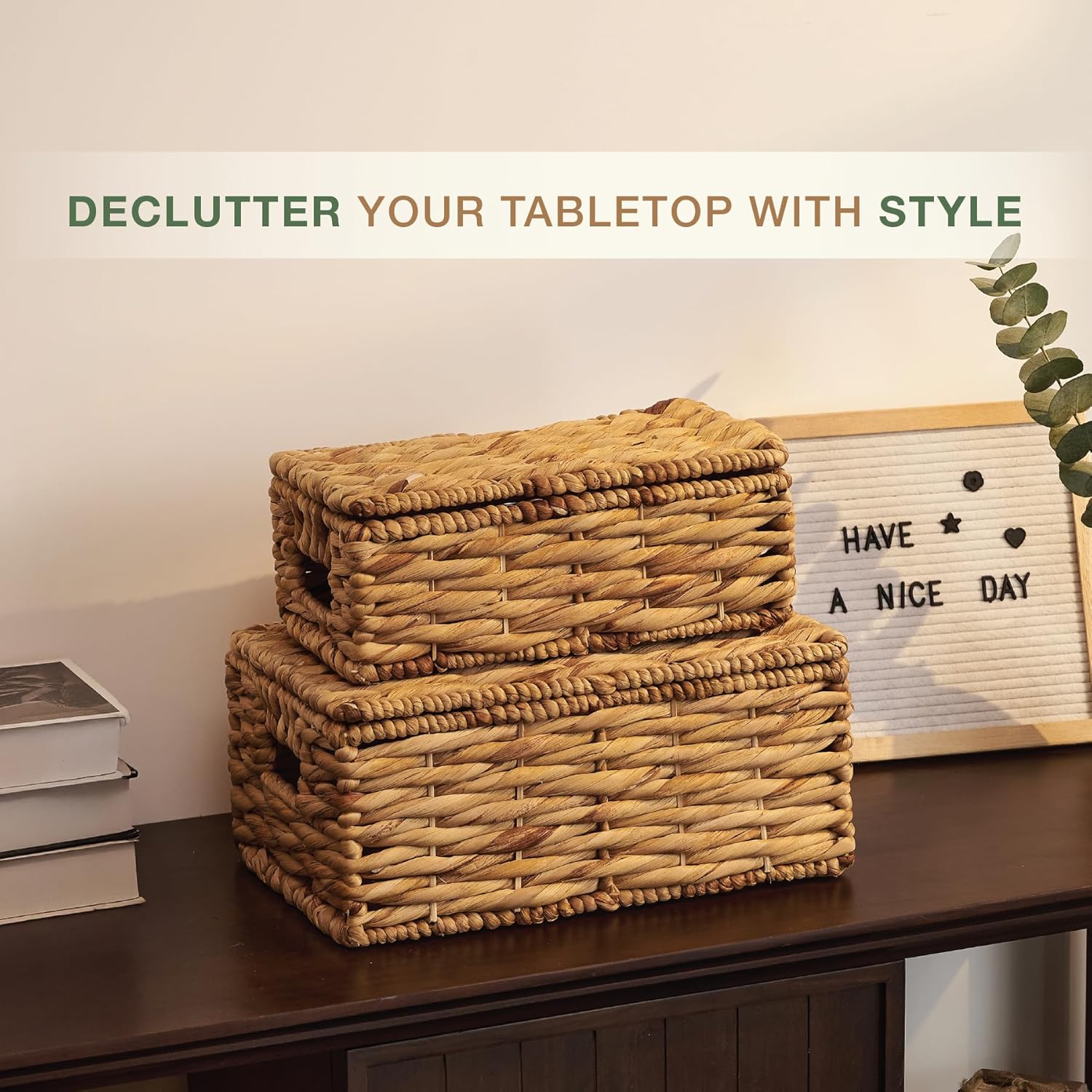 Set of 2 Wicker Baskets with Lid - Decorative Storage Boxes for Home Decor, Shelves - Woven Basket with Lid - Wicker Decor - Rattan Box - Decorative Bins with Lids (Natural)