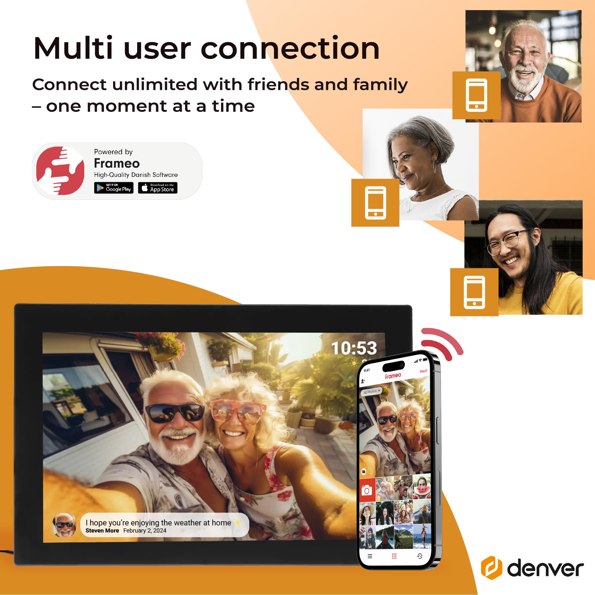 Denver Frameo Marco Digital WiFi 10,1 Pulgadas, Pantalla IPS táctil 1280 x 800, 16 GB, App Frameo, Color Negro