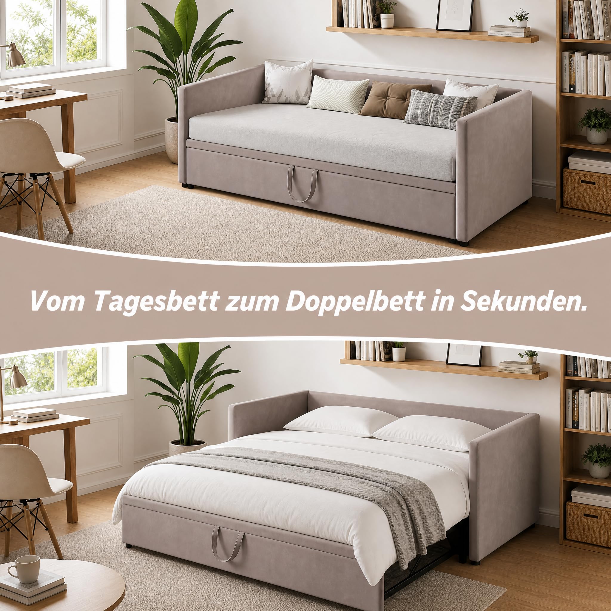 Schlafsofa 90/180 x 200 cm, Tagesbett Ausziehbar, 2-Sitzer-Sofa mit Lattenrost, Polsterbett mit Bettkasten,Ausziehbett Doppelbett für Erwachsene, Grau Samt(ohne Matratze) (Grau, 90/180 x 200 cm)