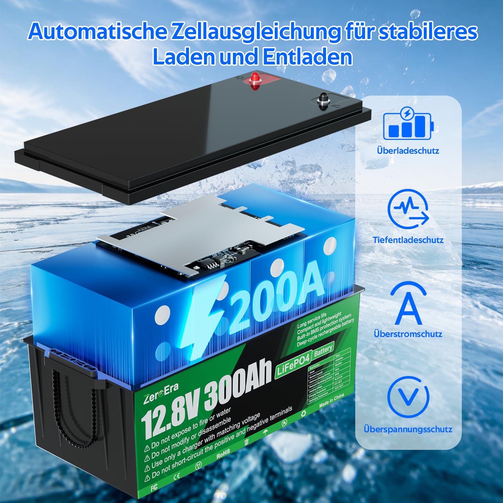 ZeroEra Batería LiFePO4 de 12 V, 300 Ah, 3840 Wh, 200 A BMS de protección contra el frío, 10.000-15000 ciclos, serie paralela, adecuada para almacenamiento de energía en el hogar, almacenamiento solar