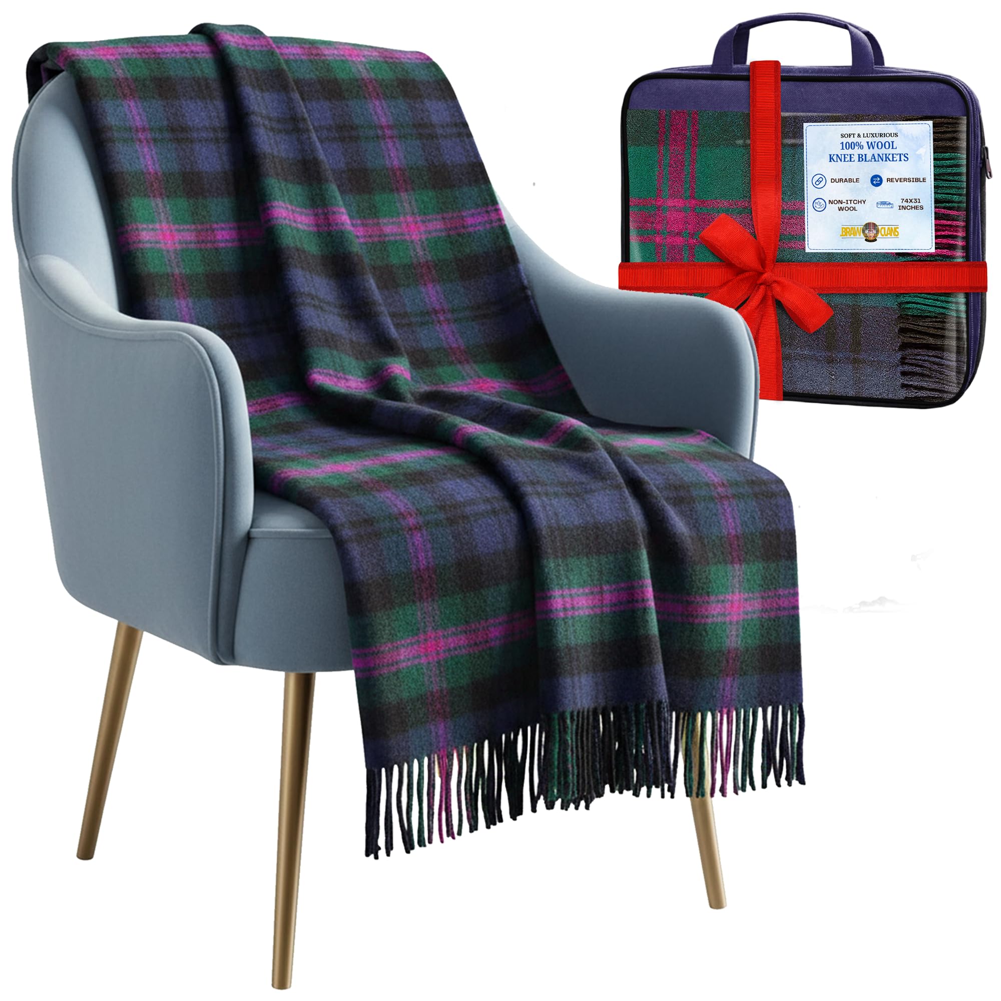 100% Pure Wool Knee blankets for elderly, Adults - 74x31" - Scottish tartans - Fringed edges, check Cosy sofa throws - Reading, Wheel chair, Travel - winter Blanket (Baird Modern Tartan)