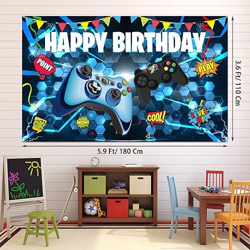 Miniatura 3 de Decoraciones de fiesta de cumpleaños de videojuegos, 109 piezas, suministros para fiesta de cumpleaños de niños, telón de fondo feliz, cubierta de
