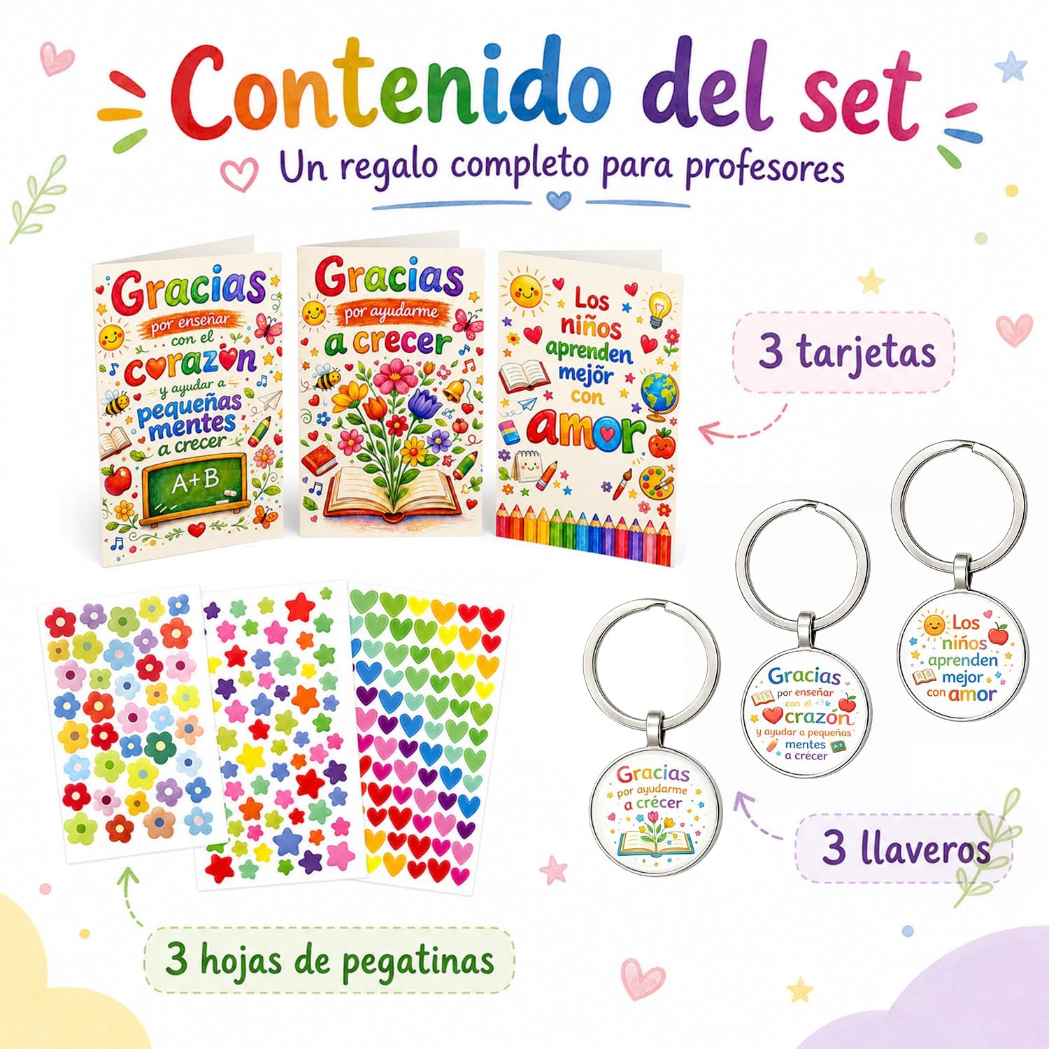 Set de 3 Llaveros con Tarjetas de Agradecimiento para Profesores, Regalo Original Fin de Curso