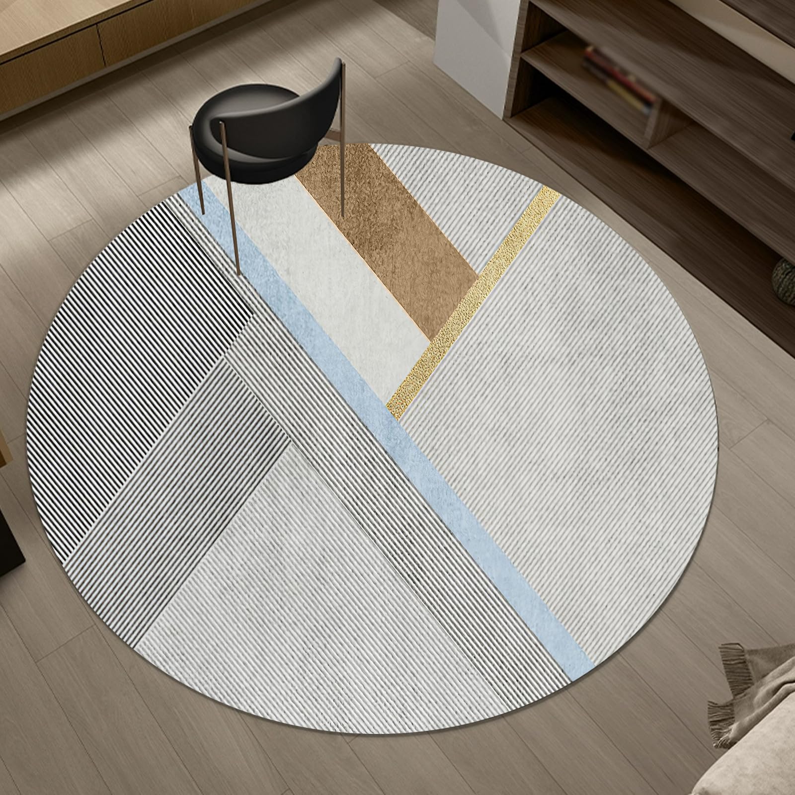 Tapis rond géométrique moderne jaune et bleu de 120 cm au design graphique pour votre bureau