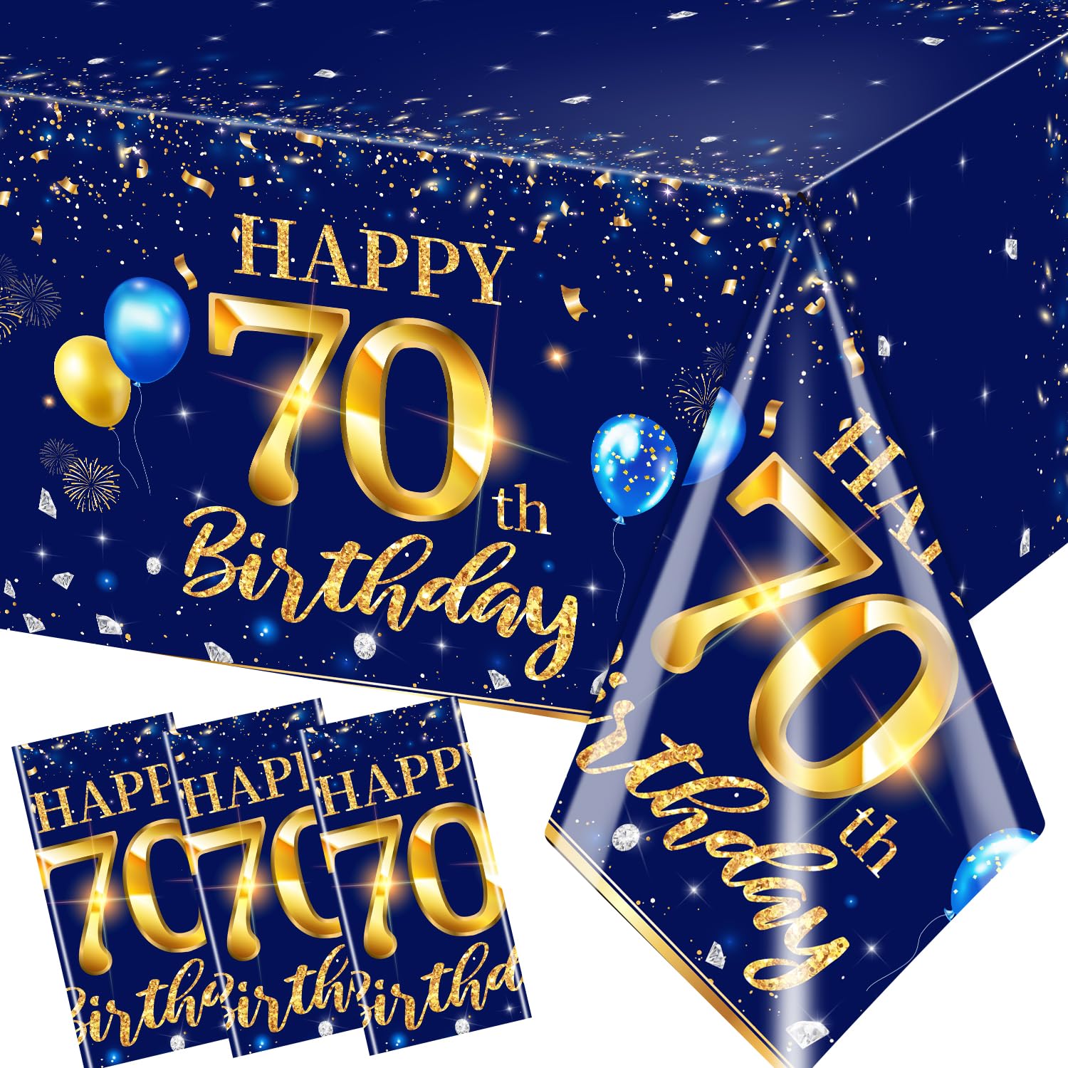 GREHUMOR 70th Birthday Decorations Men-3 Pack 70 th Birth Day Tablecloth Navy and Blue Happy 70th Birthday Decorations Rectangular Table Cover Party