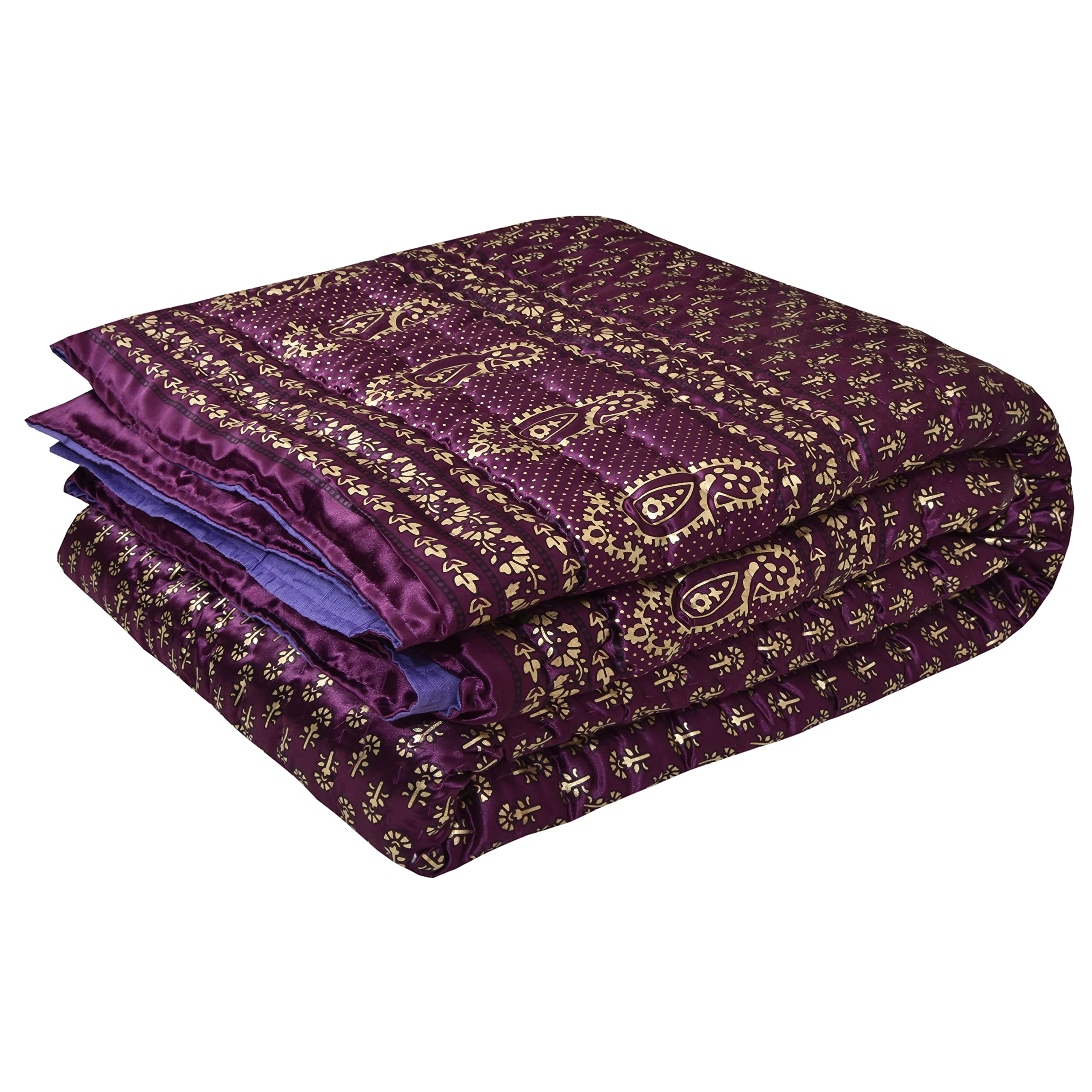 AUROSTYLE 400 TC Silk Fabric Jaipuri Razai Rajasthani Traditional Filling Pure Cotton Light Weight Winter and Summer Rajai Jaipuri Quilt Throw Blanket (Purple, Double Bed - 85 inch x 100 inch)-image-48
