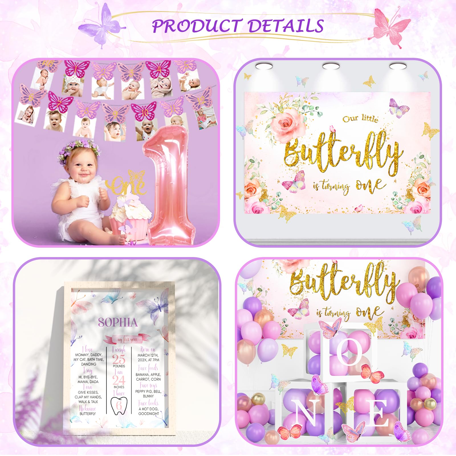 Butterfly 1st Birthday Decoration, Purple Butterfly Birthday Backdrop Balloon Garland and Baby Boxes, Butterfly First Birthday Photo Banner