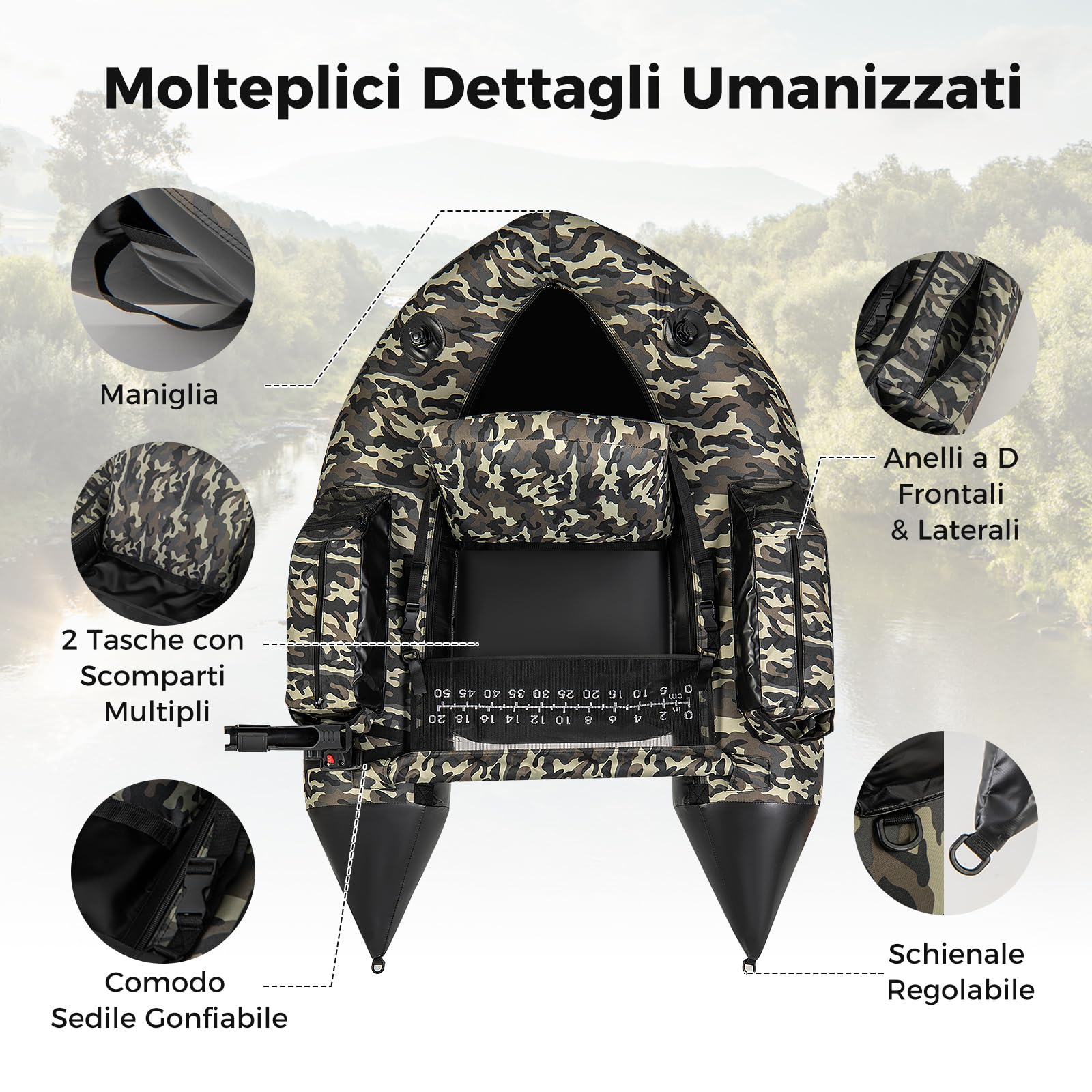 COSTWAY Belly Boat da Pesca Portatile, Gommone Gonfiabile da Pesca con Portacanne Regolabile, Pompa, Pagaia, Spallacci e Kit Riparazione, Barca da Mare con 2 Pinne, capacità 150 kg