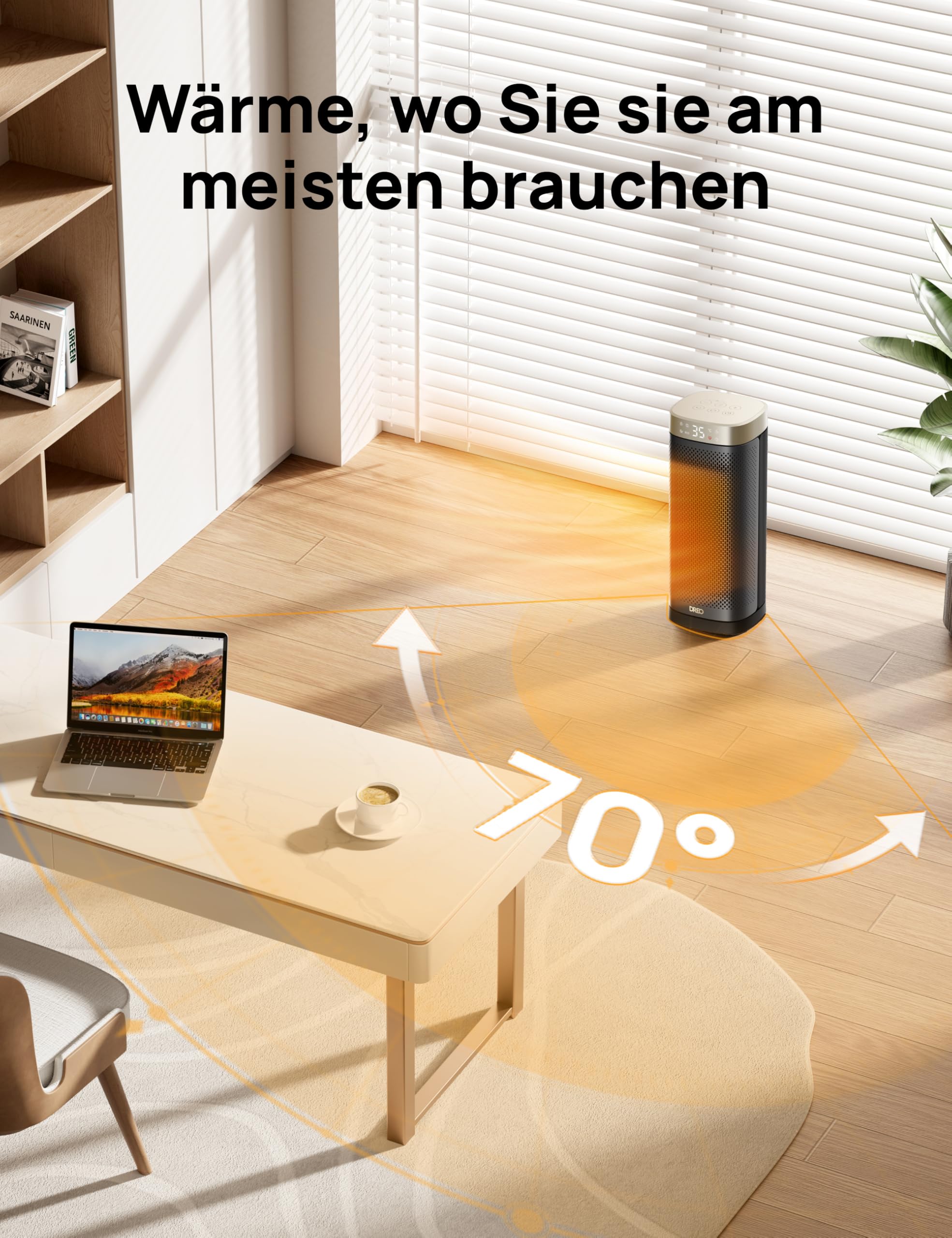 DREO Heizlüfter Energiesparend Leise, 2000W Keramik Heizung mit Thermostat, 12-Std-Timer, 3 Modi, 70° Oszillation, 16 Zoll Elektroheizung für Räume, Überhitzungs-Kippschutz, Solaris Slim H2, Gold