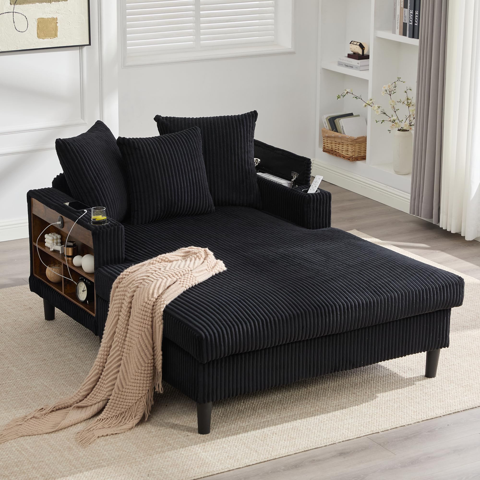 Sofa i kanapa bezboneless – szezlong z diodami LED, USB, miejscem do przechowywania, uchwytami na napoje, sztruksem, pakowany próżniowo, 300 kg, do salonu, czarny