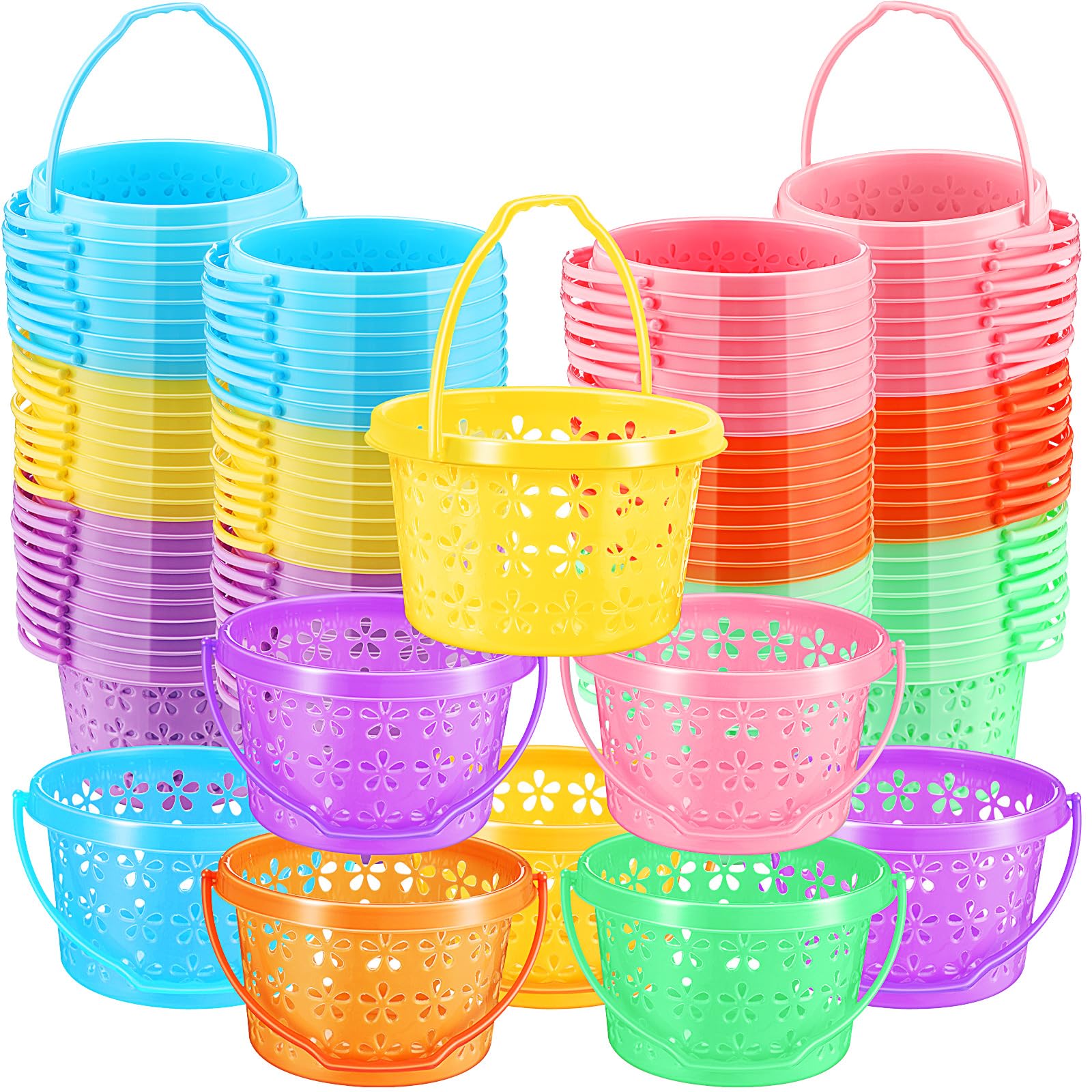 50 Pieces Plastic Easter Baskets Bulk Colorful Round Baskets with Handles Easter Egg Baskets Mini Baskets for Kids Boys Girls Easter Party Favors Egg Hunt Supplies, 6 Colors