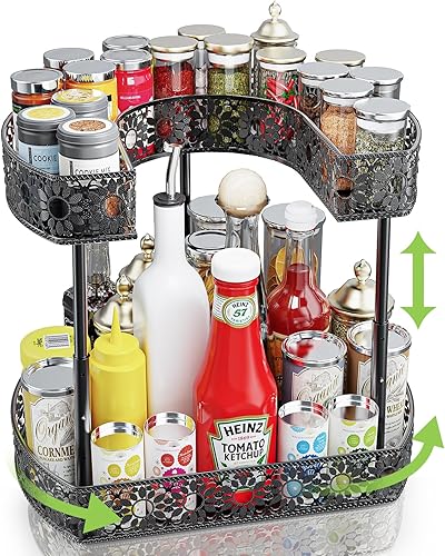 Organizador de especias para gabinete, organizador de especias de 2 niveles con almohadilla antideslizante, organizador de tocadiscos Lazy Susan