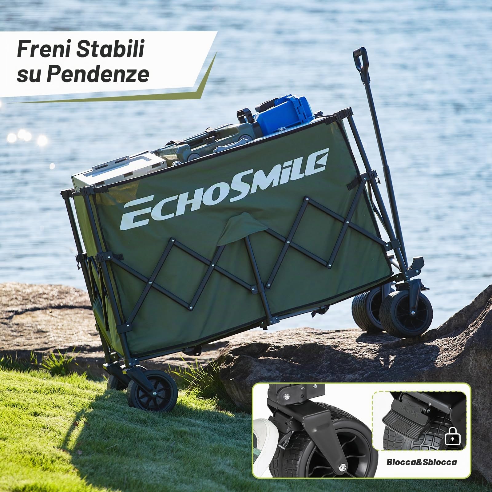 EchoSmile XXXXL Carrello Pieghevole da Giardino 300L 227 kg, Carretto da Spiaggia con Ruote Grandi, Carrelli da Trasporto con Freni per Campeggio, Shopping e Attività All'aperto, Verde